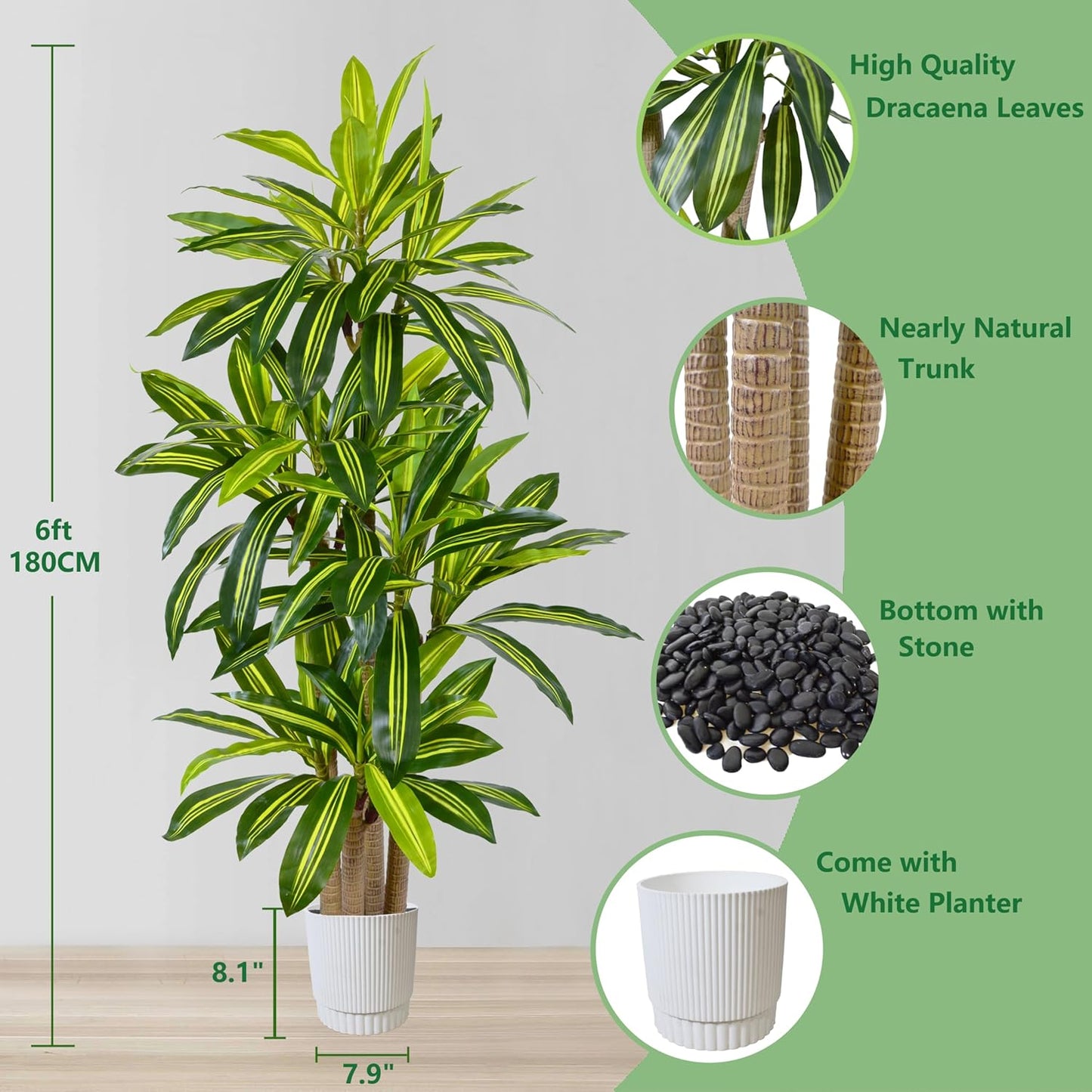 Artificial Dracaena Tree 6ft, Fake Yucca Plant with White Planter and Lifelike Leaves, Faux Dracaena Tall Floor Trees for Home Office Garden Décor
