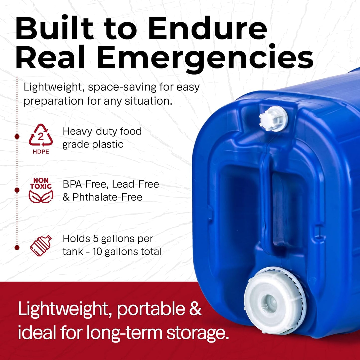 Legacy Food Storage Emergency Water Storage Containers, Long Term 5 Gallon Water Tank - 2 Stackable Food Grade Tanks Included, for Camping, Prepping, Survival - 10 Gallon Total Capacity
