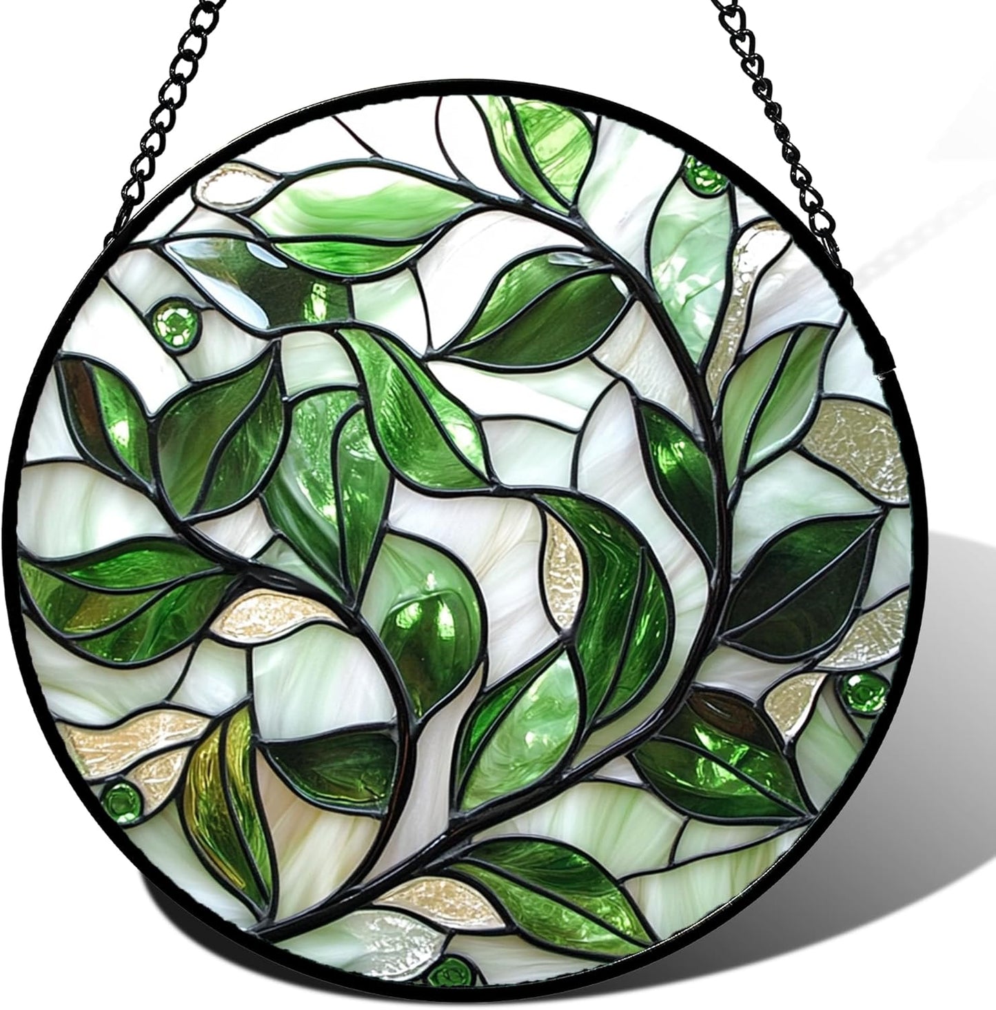 Stained Glass Window Hanging - White Green Leaves Suncatcher for Doors Window Home Plant Sun Catchers Decor Christmas Mother's Day Birthday Gifts for Teacher Women Men Mom Nana 6.3 in