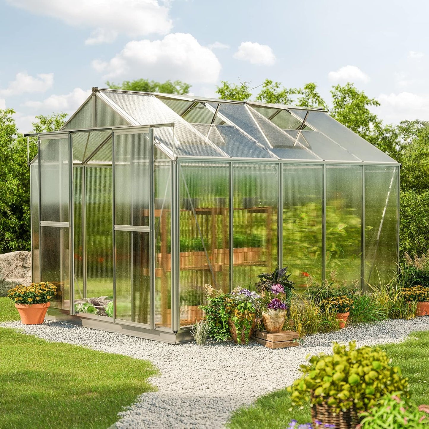 Greenhouse Saphir 5 Aluminum Frame 8.5 x 10.6 ft Approx. 6 mm Polycarbonate Panels - with Bonus Base Frame and Automatic Vent Opener