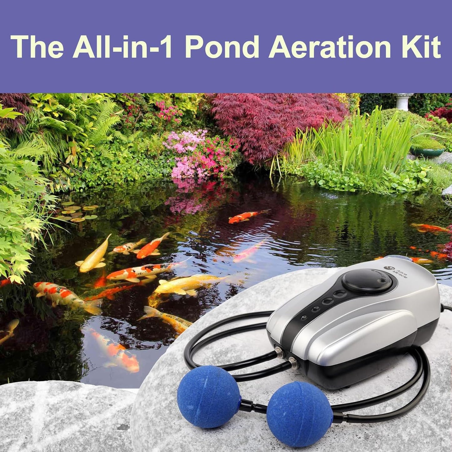 AquaMiracle Koi Pond Aerator for Pond up to 1000 & 2000 Gallons, All-in-One Pond Air Pump Aeration Kit with Air Stones Airline Tubing Check Valves