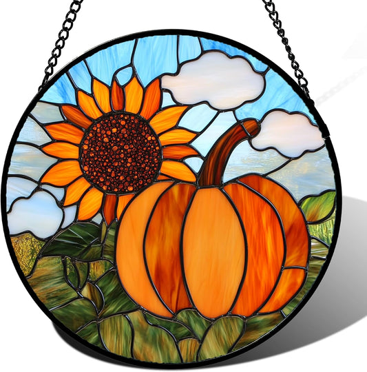 Stained Glass Window Hanging Fall Farm Scenery Sunflower Pumpkin 7.8" - Suncatcher Door Garden Kitchen Sunroom Sun Catcher Home Decor Birthday for Mom Grandma Men Woman