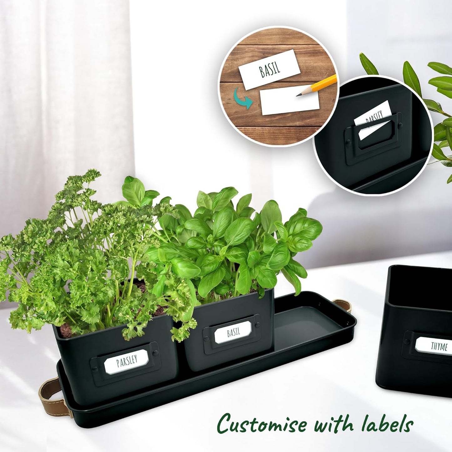 Herb Planter Indoor - Set of 3 Black Indoor Herb Garden Pots for Plants with Leather Handled Tray - Window Sill Plant Shelf - Pots with Drainage Holes and Labels