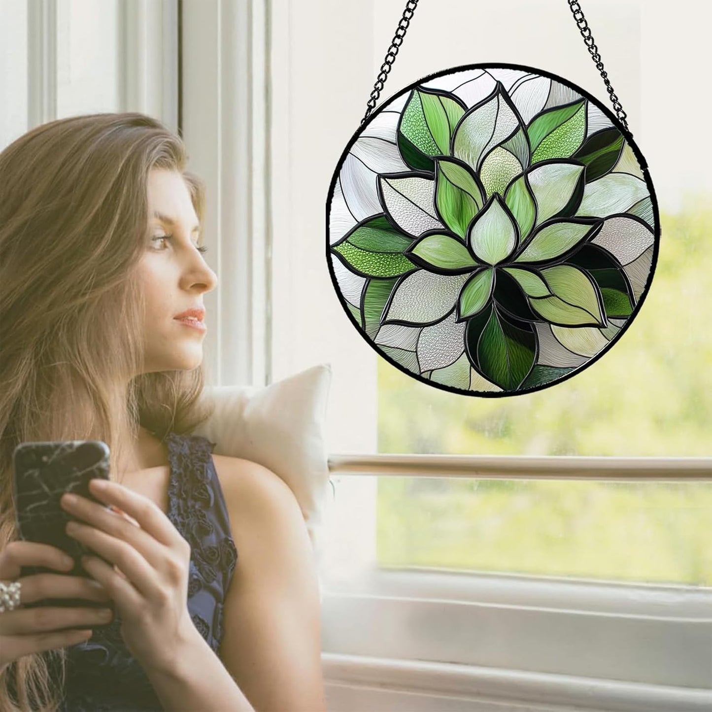 Stained Glass Window Hanging - Green Succulent Plants Suncatcher for Doors Garden Patio Floral Sun Catchers Decor Christmas Mother's Day Birthday Gifts for Women Men Mom Nana Friend 11.8 in