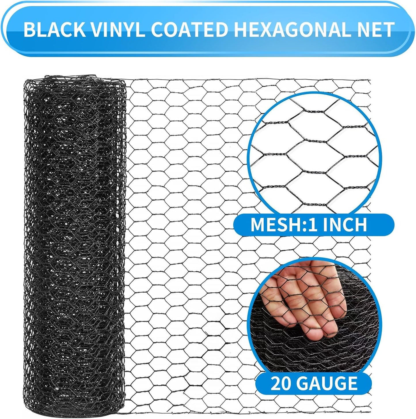 48'' x 150' Black Chicken Wire Mesh Fence, 20 Gauge Galvanized Poultry Netting and 1 inch Garden Mesh Fence Roll, Chicken Wire for Floral Arrangements/Crafts/Farm/Livestock/Pet Protection