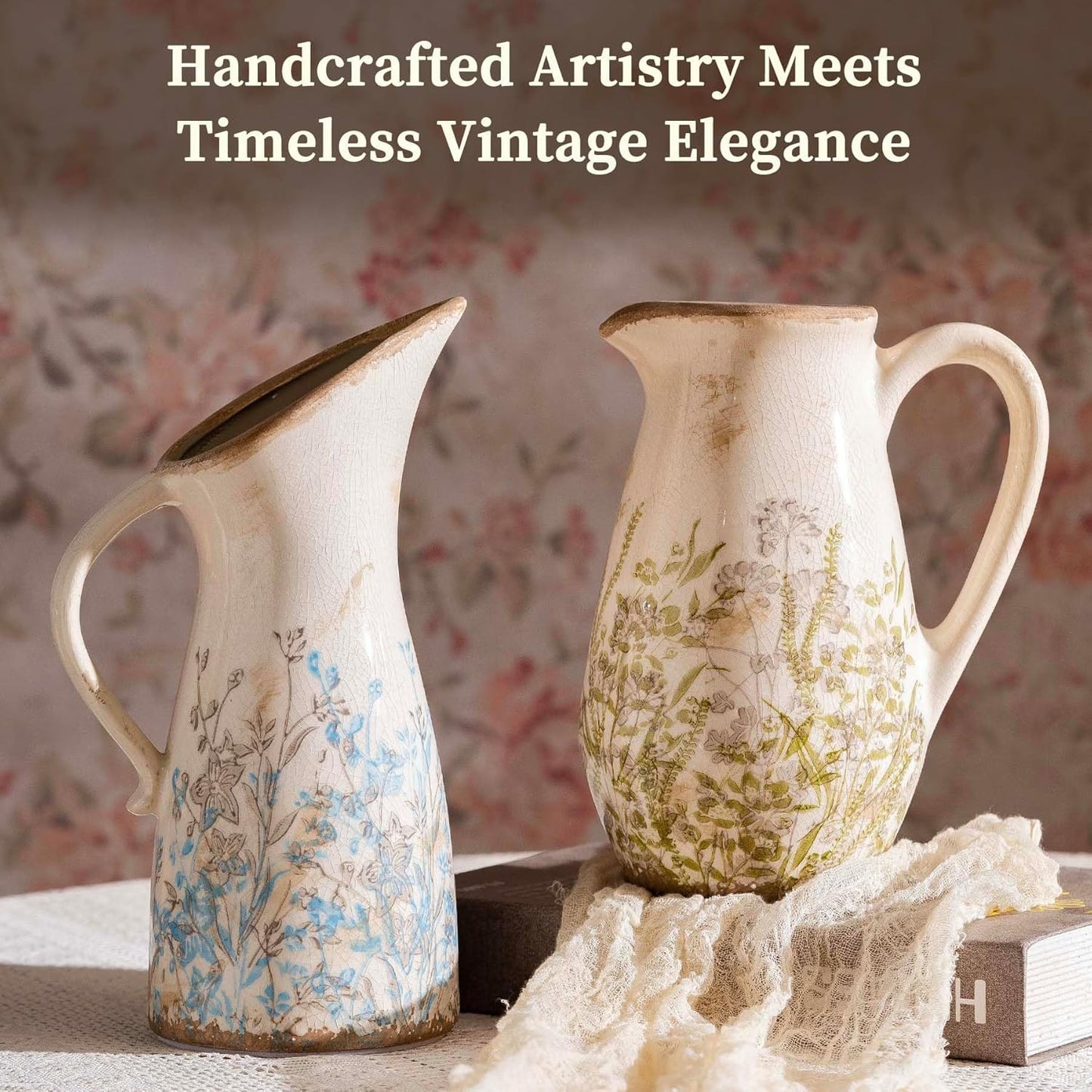 Vintage Ceramic Pitcher Vase with Handle, Farmhouse Blue and Brown Large Floral Vases, French Country Decorative Vase, Rustic Table Centerpiece for Home Decor Living Room, Bookshelf, Office 10.5 Inch