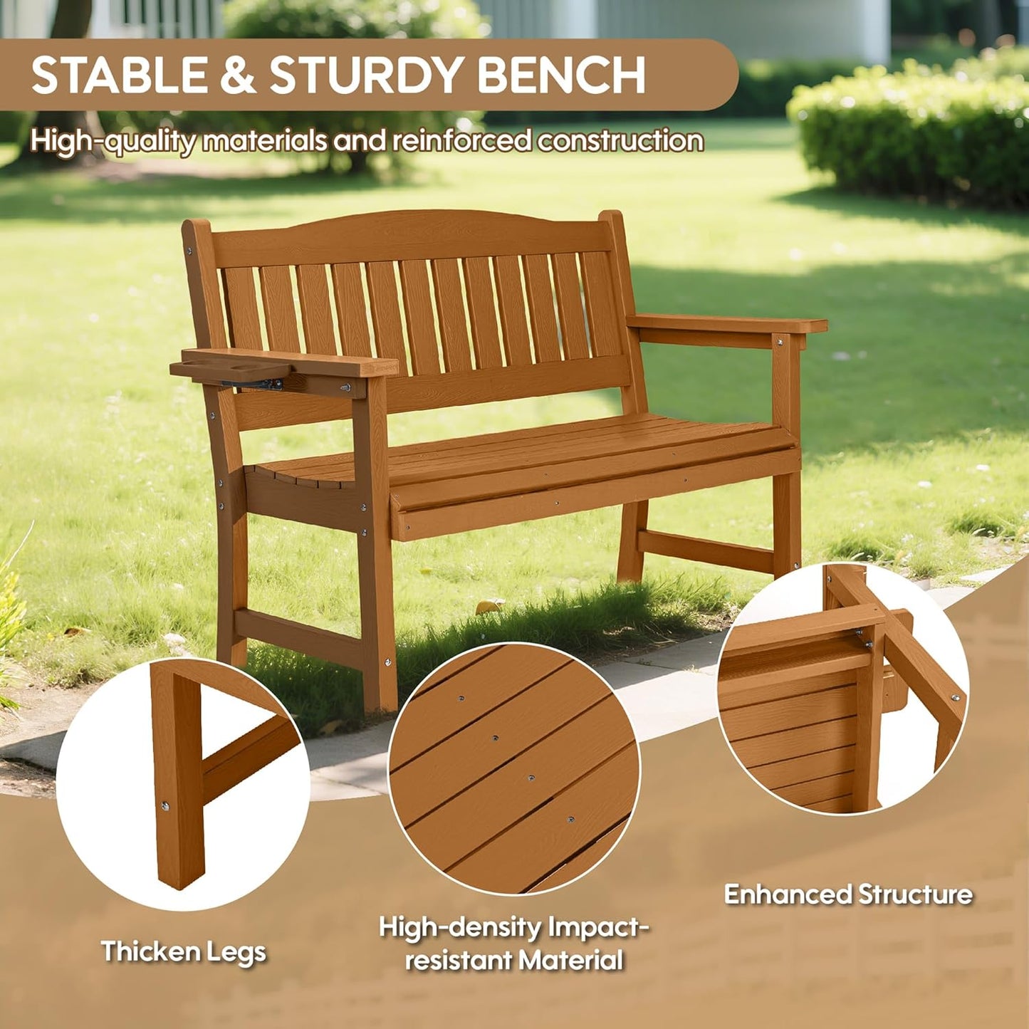 2-Person HIPS Outdoor Benches, Weatherproof Garden Bench with 800 lbs Weight Capacity, Artificial Wood Grains, Never Rot or Fade, Patio Benches for Garden, Porch, Balcony, Backyard,Park, Brown
