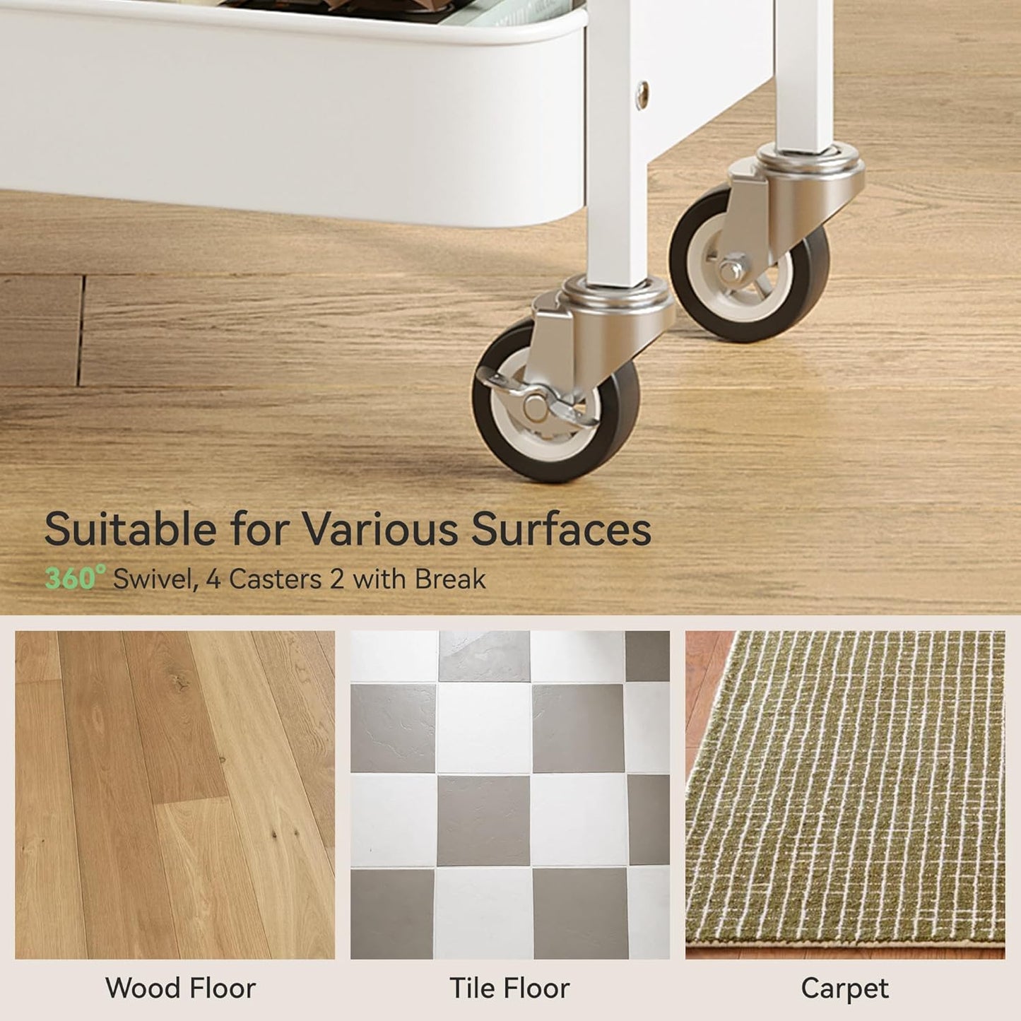 3 Tier Rolling Cart,Utility Cart with Locking Wheels, Hanging Cups,&Hooks, Heavy Duty Metal Storage Organizer Cart for Kitchen,Office, Bathroom,Craft Room,White