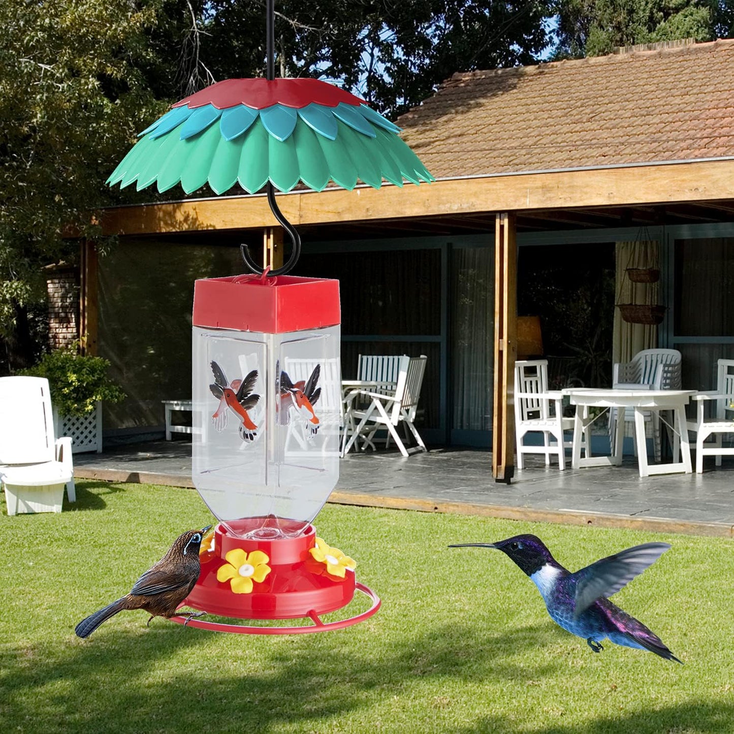 8" Nectar Defender for Hummingbird Feeder with Ant Guard, Skaithee Bird Feeder Baffle with Ant Moat & Rain Guard & Shepherd Hooks, Bright Colors Attract More Humming & Wild Birds (Green 8 inches)