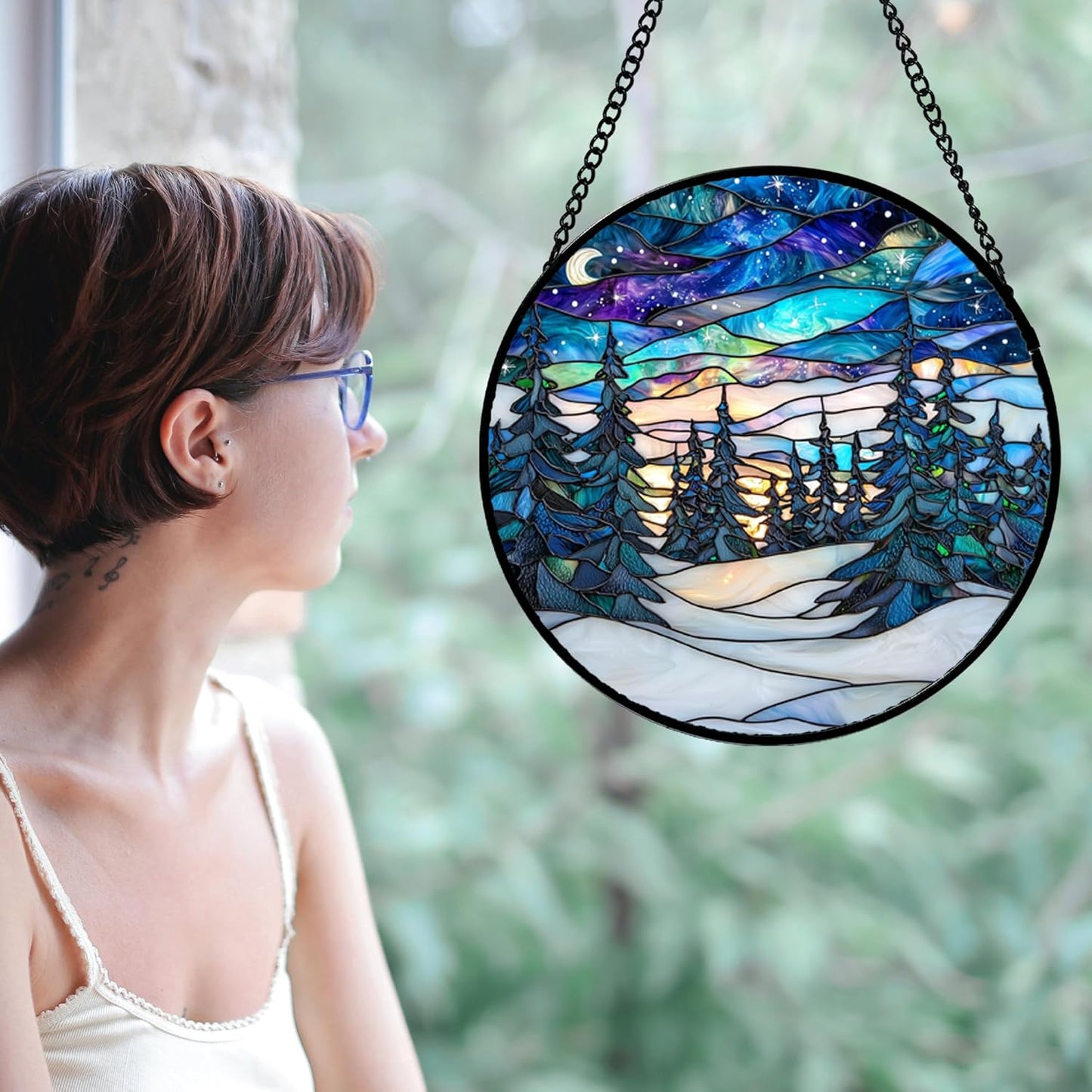 Stained Glass Window Hanging, Starry Sky Trees and Snow Sun Catchers Glass Panel Blue Suncatcher Decor for Birthday for Women, Men, Wife, Aunt, and Mom 14.9x14.9 in