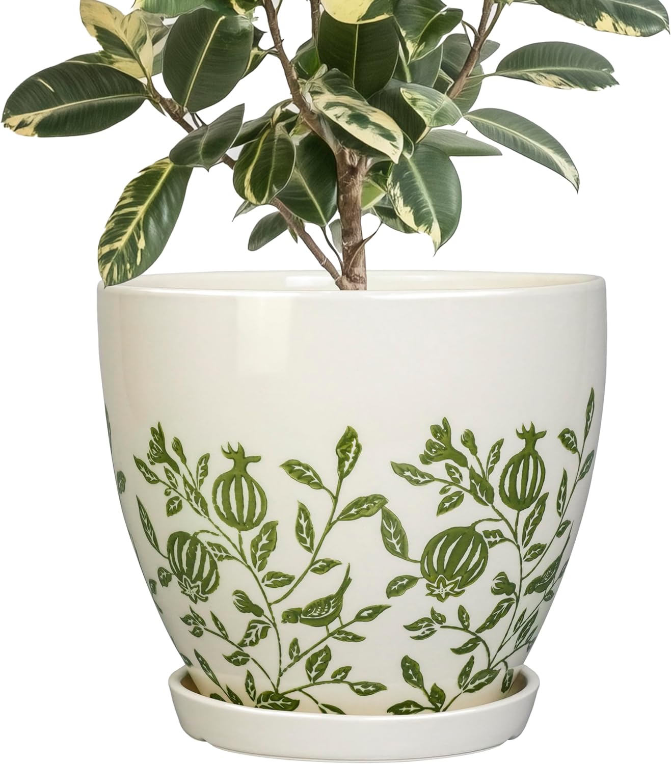 10 Inch Plant Pot - Ceramic Planter with Drainage Hole and Saucer, Boho Round Decorative Flower Pot for Indoor Plants, Housewarming Gifts, Office Garden Home Outdoor Decor, White