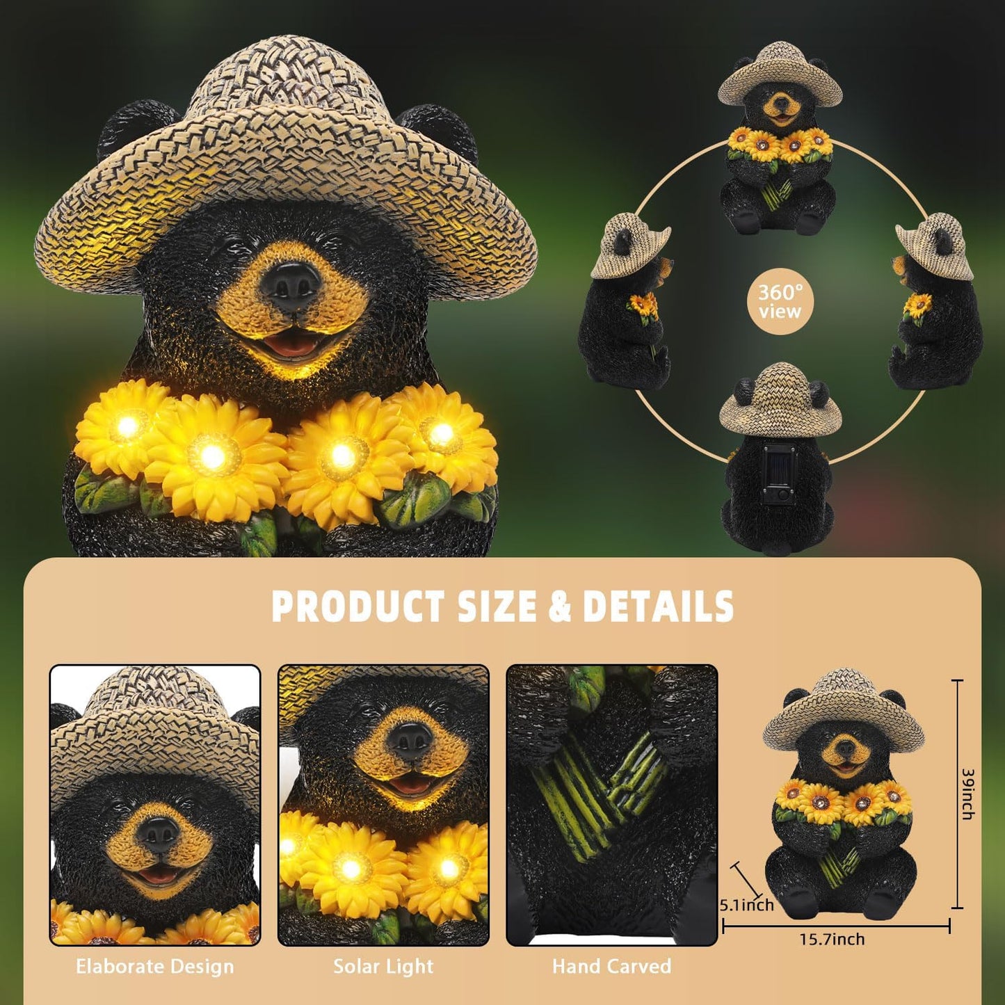Solar Garden Decor Statues 7.5" Resin Black Bear Figurines with Sunflowers Featuring Straw Hat Waterproof Bear Decor for Outside Yard Patio Porch Decoration Gift for Mom Grandma