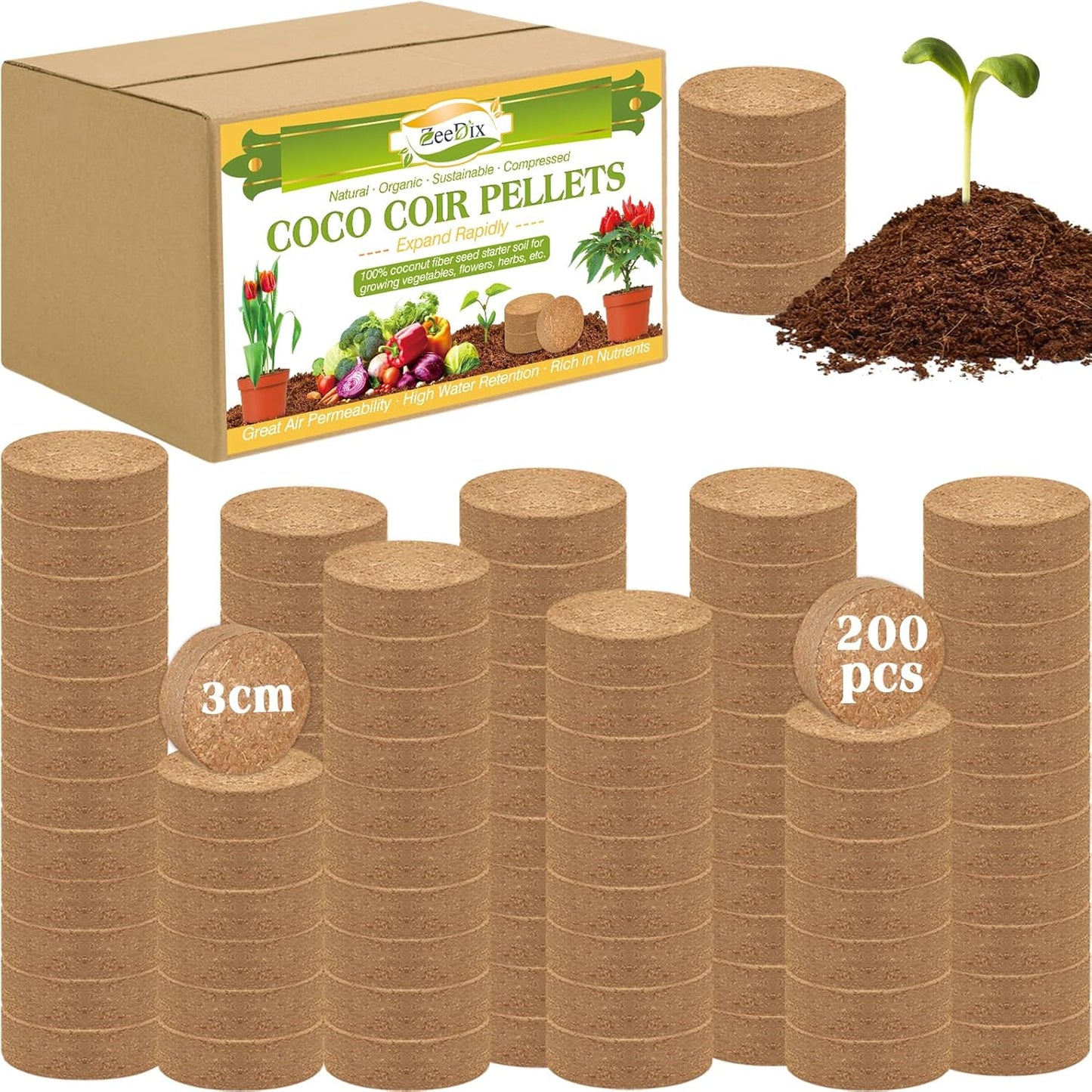 ZeeDix Organic Coco Coir Pellets Potting Soil, 200pcs 30mm Compressed Coconut Fiber Seed Starter Soil Pellets, Coco Peat Soil Discs for Indoor Outdoor Plants, Herbs, Houseplants, Flowers, Vegetables