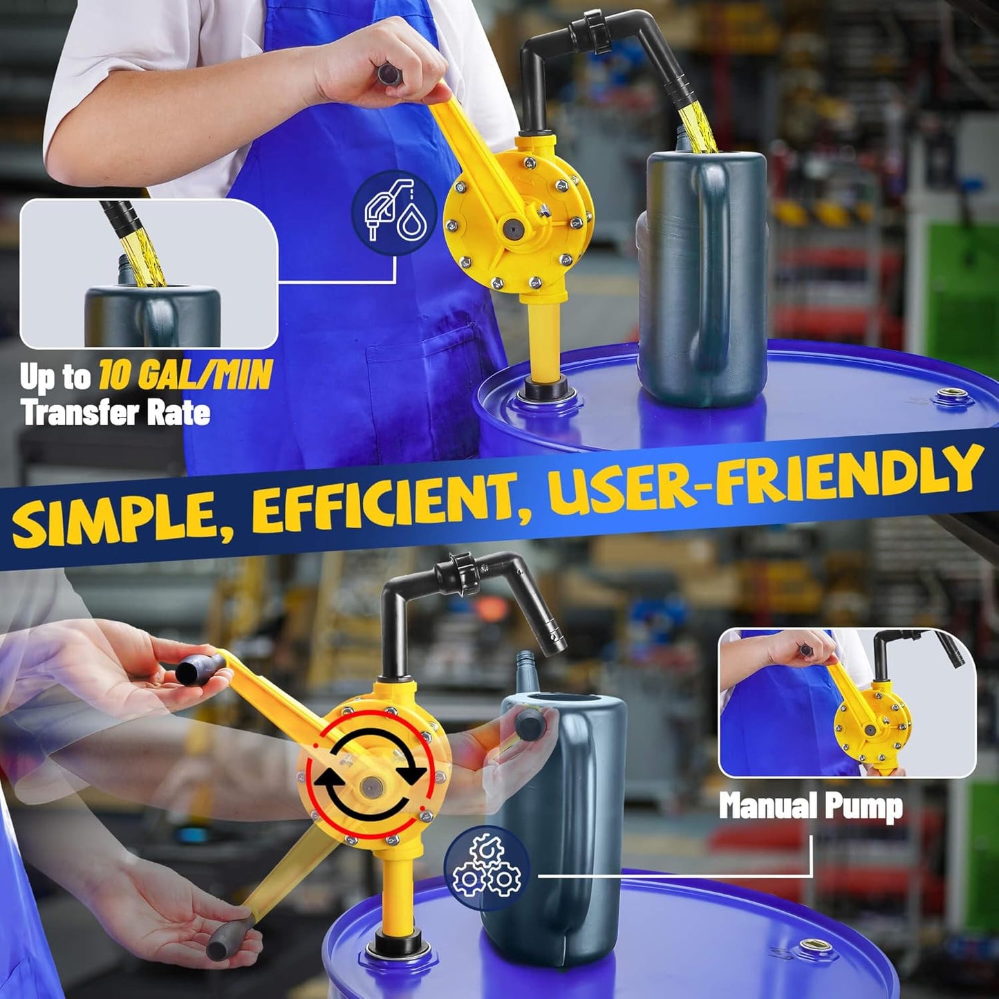 15-55 Gallon Drum Pump, 10 GPM Flow, Corrosion-resistant Chemical Liquid Pump, Hand-operated rotary barrel pump designed for rapid transfer of water, fuel, corrosive liquids and more