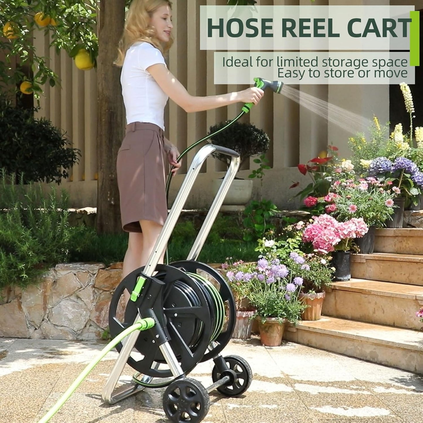 Garden Hose Reel Cart, Holds 75-150 Feet of 5/8-Inch Hose, Portable Hose Reel Cart With Wheels,Adjustable Handrail, Quick Hose Connector