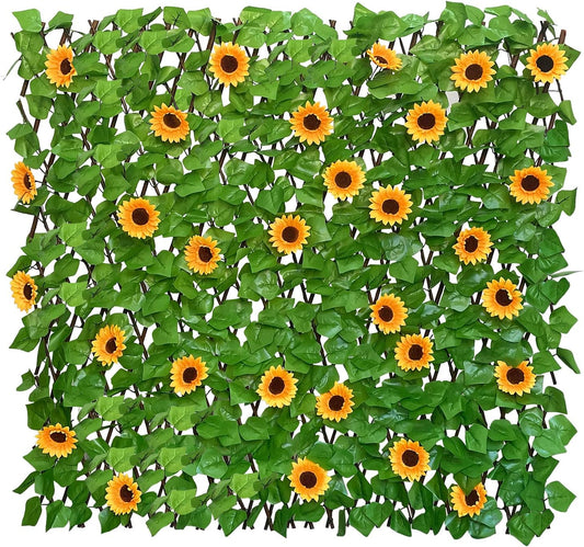 Expandable Fence Privacy Screen for Balcony Patio Outdoor,Decorative Faux Ivy Fencing Panel,Artificial Hedges (Single Sided Leaves) (2, Sunflowers)