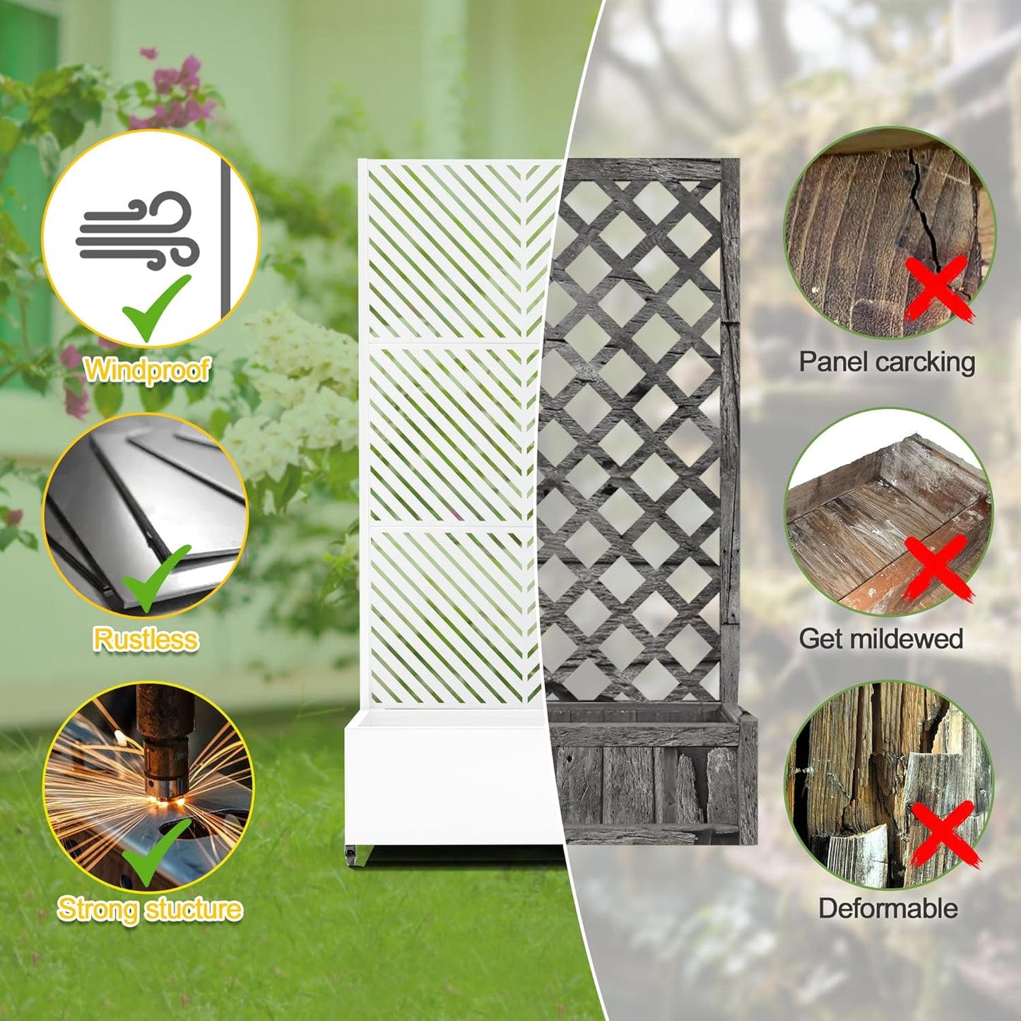 FENCY Metal Raised Garden Bed with Wheels and Trellis,73"x35"x16" Planter Box for Climbing Plants, Vegetables & Vines, Features Privacy Screen and Drainage Holes (White-Arrow)