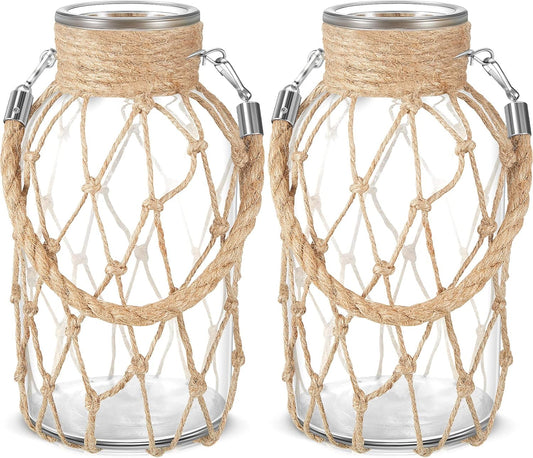Set of 2 Rope Net Dry Flower Glass Vase 7.9 x 4 Inches Wicker Farmhouse Vase Coastal Decor for Wedding Tables Home Rustic Hanging Mason Jar Rope Wrapping Decorative Bottles Nautical Decor