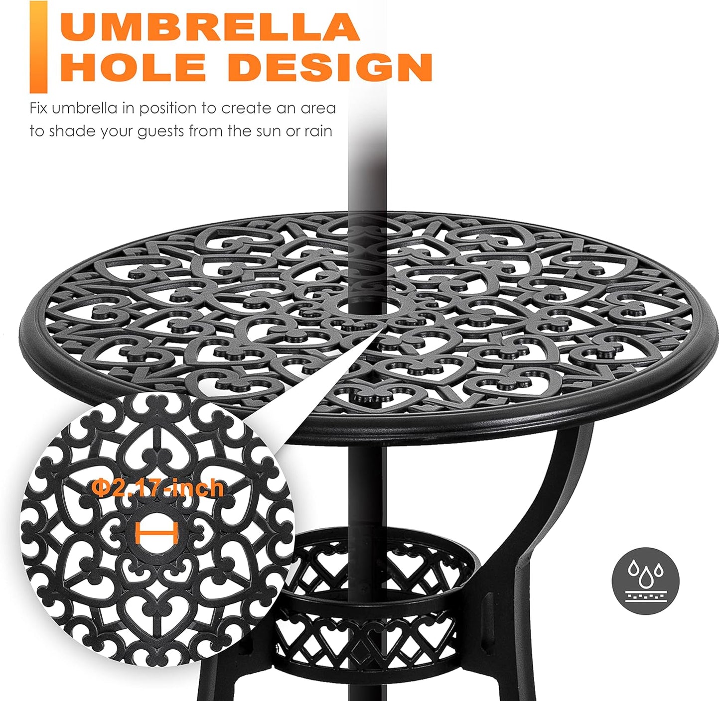 NUU GARDEN Outdoor 3-Piece Bistro Set with Cushions, Round 24 Inch Cast Aluminum Bistro Table with 2.17" Umbrella Hole, 2 Cast Aluminum Bistro Chairs, for Patio, Garden, Backyard and Balcony, Black