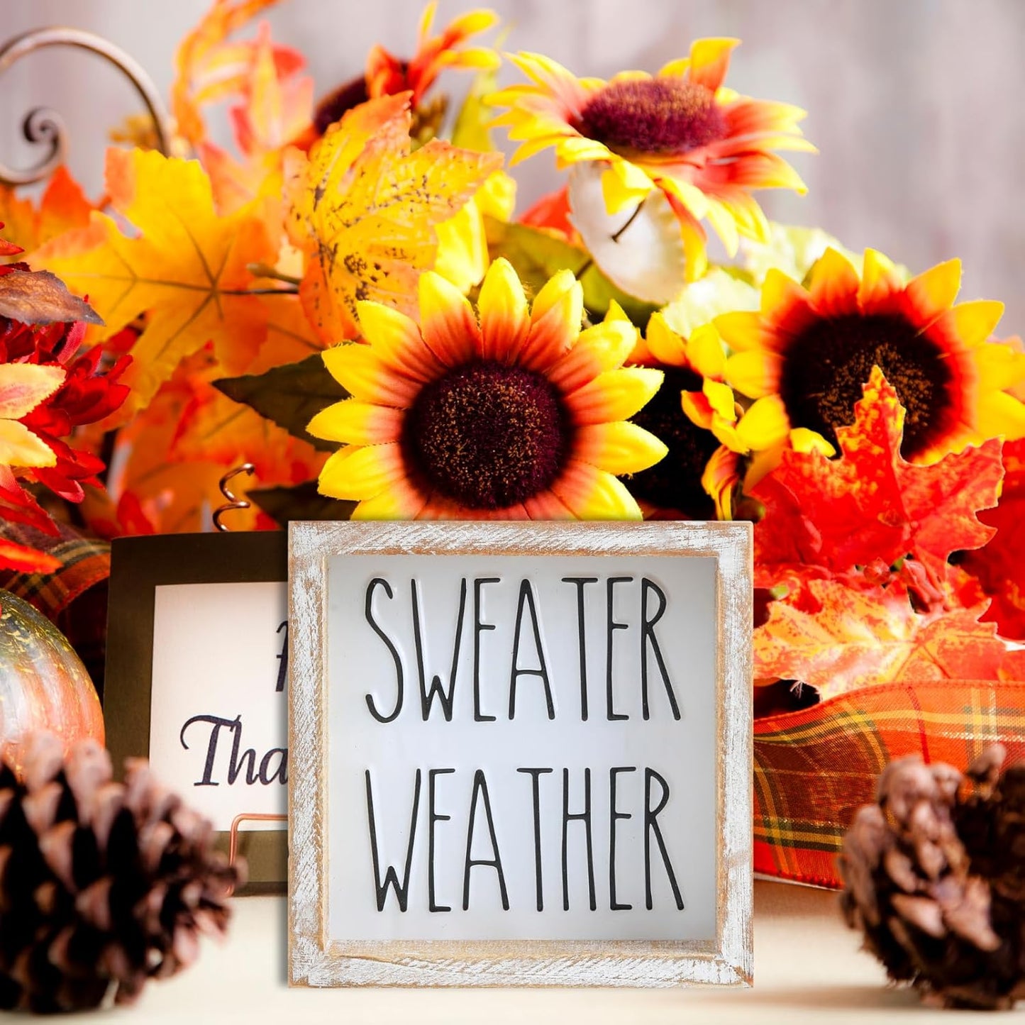 Embossed Sweater Weather Sign, Rustic Fall Decorations for Home, Fall Centerpieces for Table Cubicle Desk Mantel Fireplace, Autumn Tiered Tray Decor