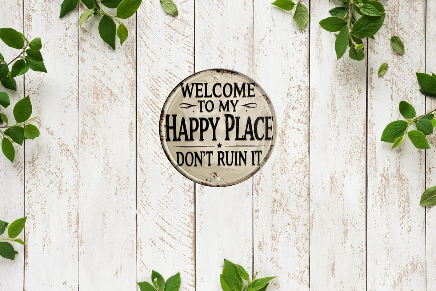 Welcome Sign for Front Door Round Metal Welcome to My Happy Place Plaque for Home Office Bedroom Kitchen Dining or Bar Decor 8x8 In