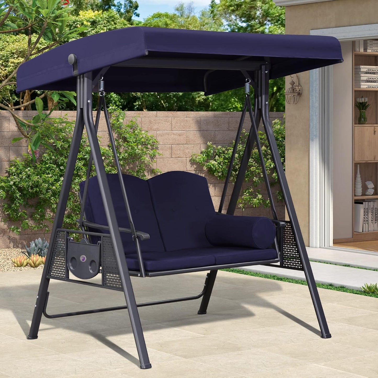 PURPLE LEAF Outdoor Patio Porch Swing with Stand, 2-seat Swing Chair with Adjustable Tilt Canopy All-Weather Steel Frame for Backyard Front Porch Lawn, Cushions and Pillow Included, Navy Blue