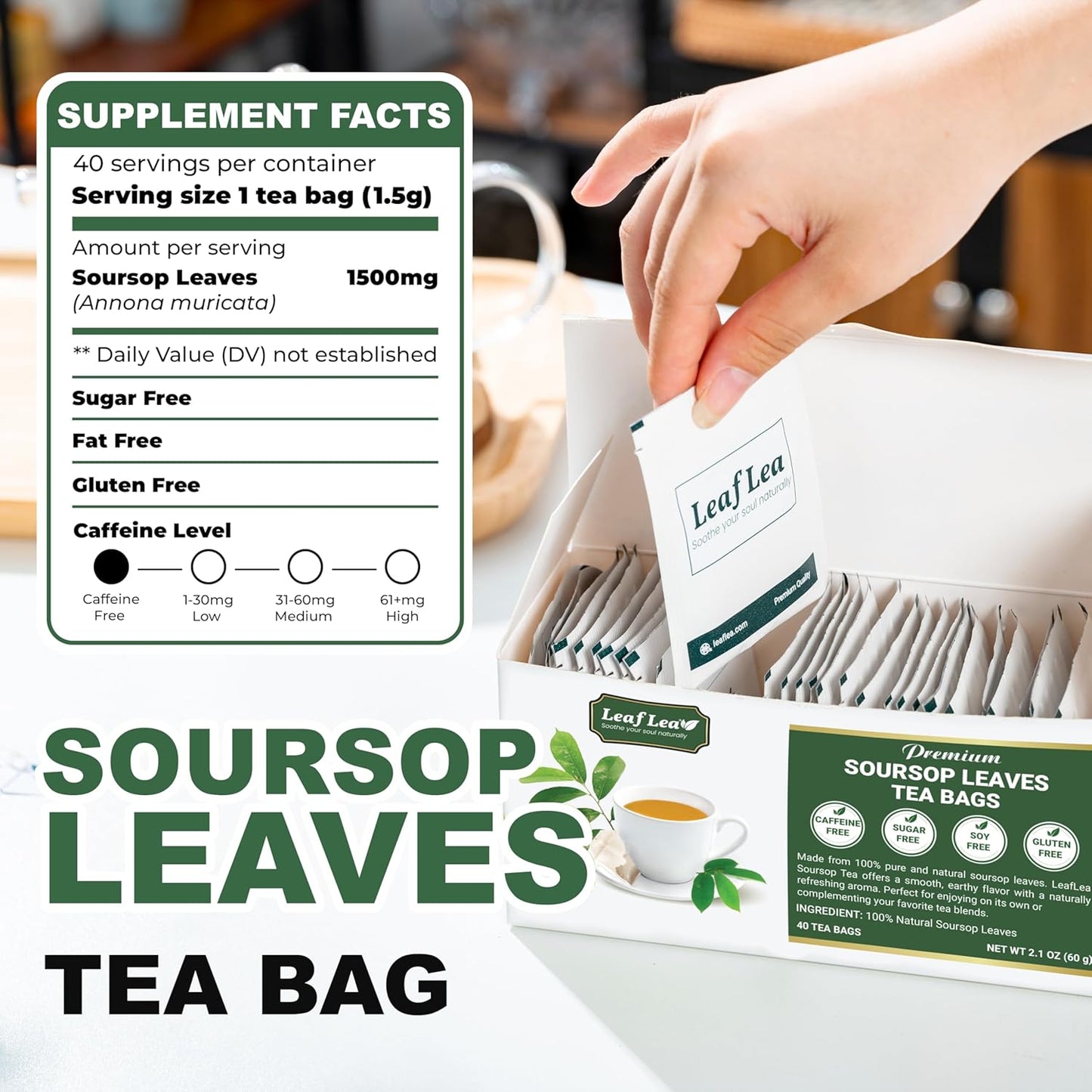 LeafLea 160 Premium Soursop Tea Bags, Natural & Pure Sour sop Graviola Tea Leave, Hoja Guanabana Leaf Herbal Tea Bags Variety Pack of 4, Digestive Support, Nutrient-Rich, Vegan, Sugar/Caffeine Free