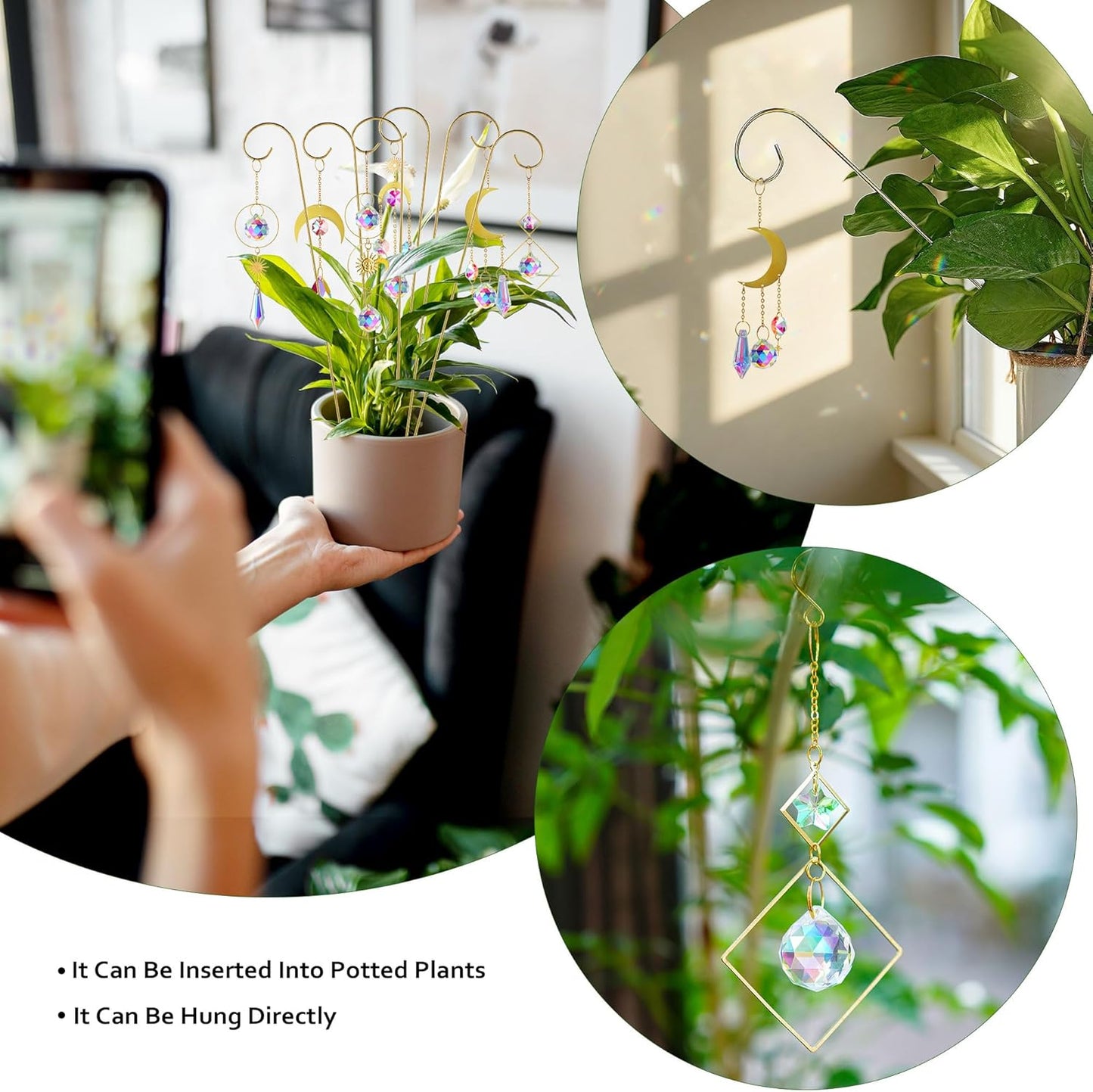 HDCRYSTALGIFTS 6PCS Small Trellis for Potted Plants Indoor with Crystal Sun Catcher, 13.5'' Metal Plant Stakes Suncatchers for Mini Potted Plant Accessories Home Garden Decor