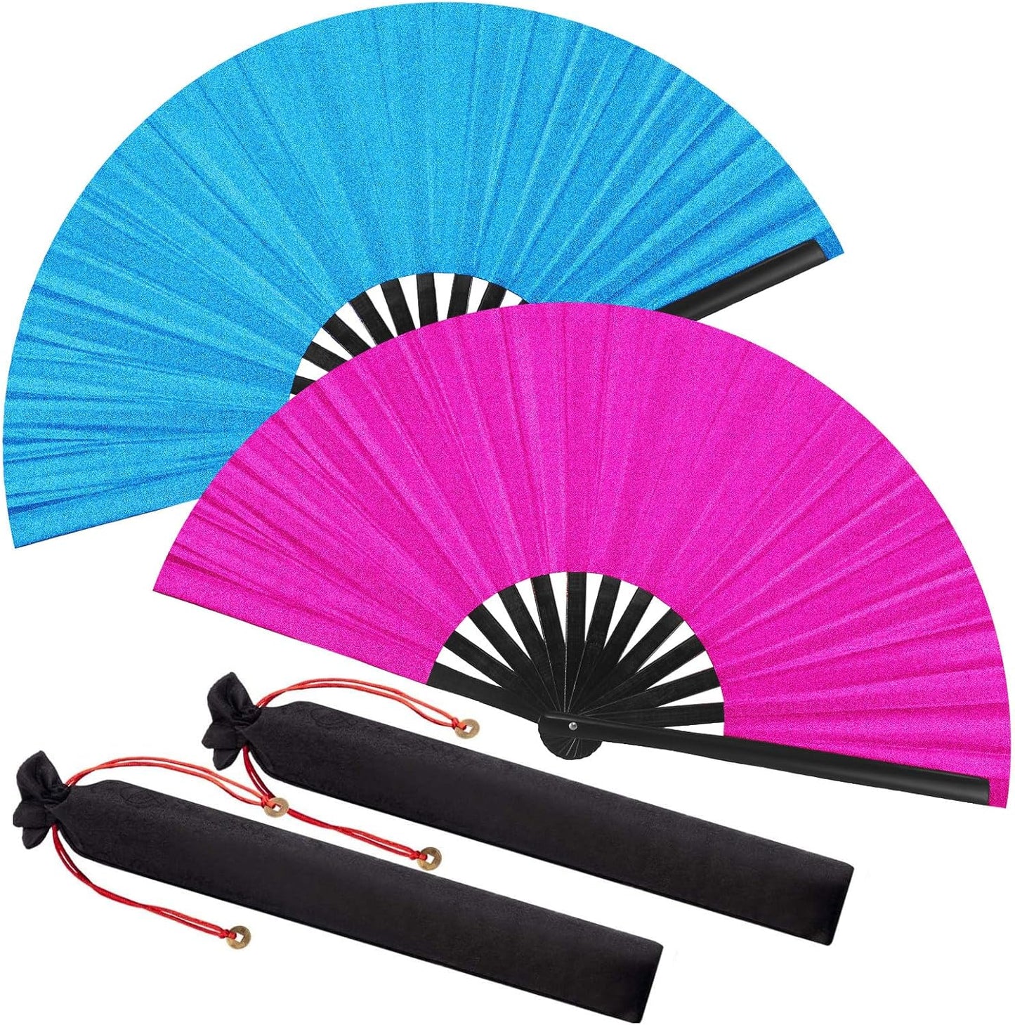 Maitys 2 Packs Large Clap Fans for Line Dancing Large Chinese Folding Hand Fans for Men and Women, Festival, Tai Ji, Kungfu, Martial Art, Gifts (Glitter Rose Red and Blue)