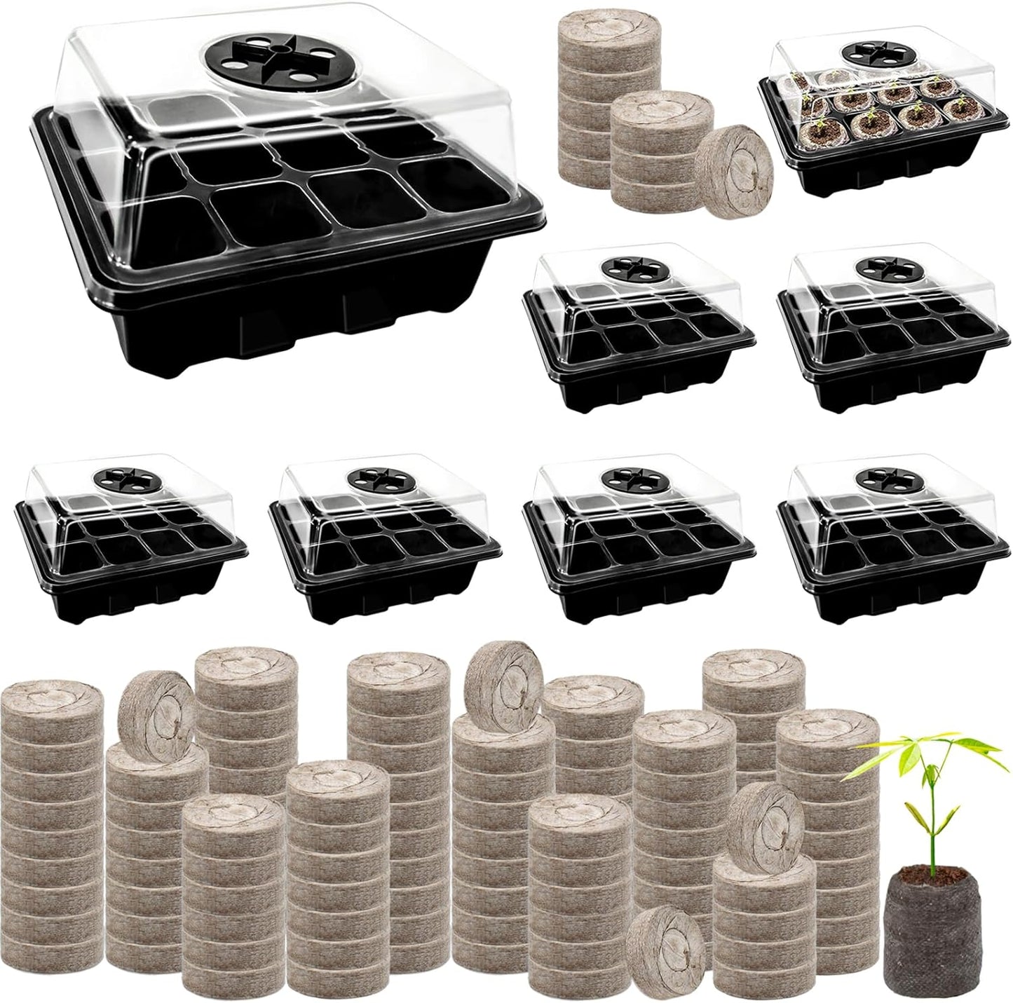Halatool 8 Pack Seed Starter Tray with 100 PCS Peat Pellets, 96 Cells Black Plant Germination Trays for Organic Seed Starter Soil Pods for Planting Vegetables Plants Flowers Herbs - Starting Seeds Kit