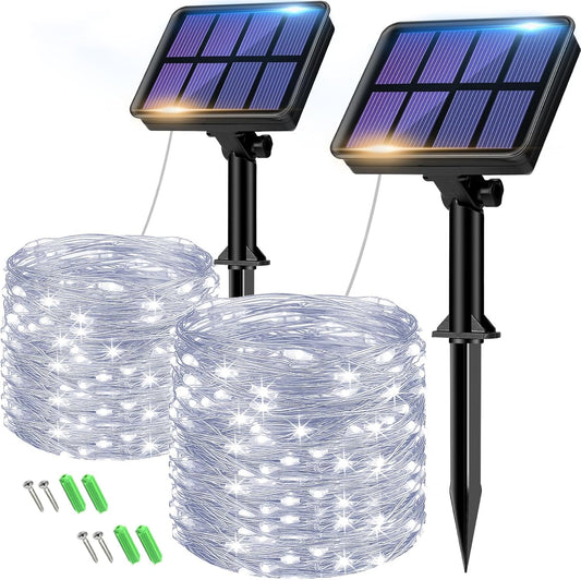 2-Pack Solar String Lights Outdoor, 160LED 66FT Solar Fairy Lights Waterproof 8 Modes Copper Wire Solar Powered Twinkle Lights for Outside Garden Patio Tree Christmas Wedding Party Decor (Cool White)