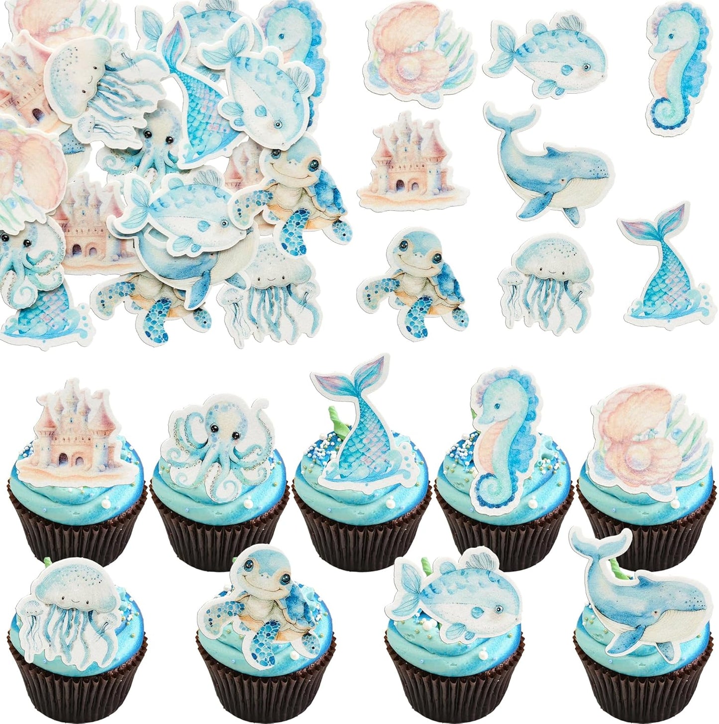 Ephlyn 54Pcs Edible Ocean Animal Cupcake Toppers Wafer Paper Octopus Dolphin Turtle Crab Mermaid Tail Cake Picks for Under the Sea theme Birthday Party Supplies Pink Blue