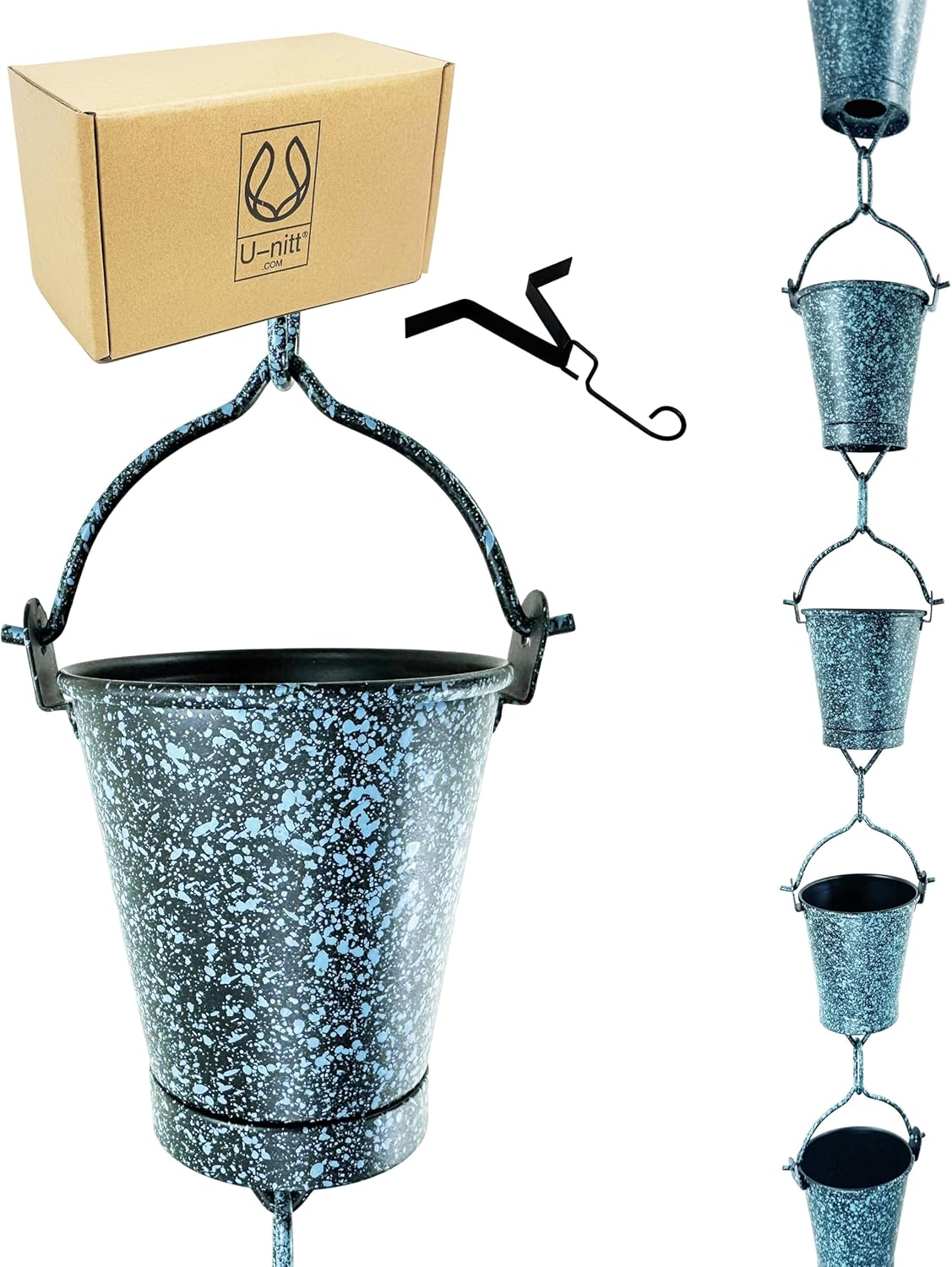 U-nitt Rain Chain Water Collection for Gutters, Rainwater Catcher & Diverter, 8.5 FT Chains for Outside Garden, Patina Bucket Cups, Roof Downspout, Works with Heavy Rain, w/Gutter Clip for Rainchains