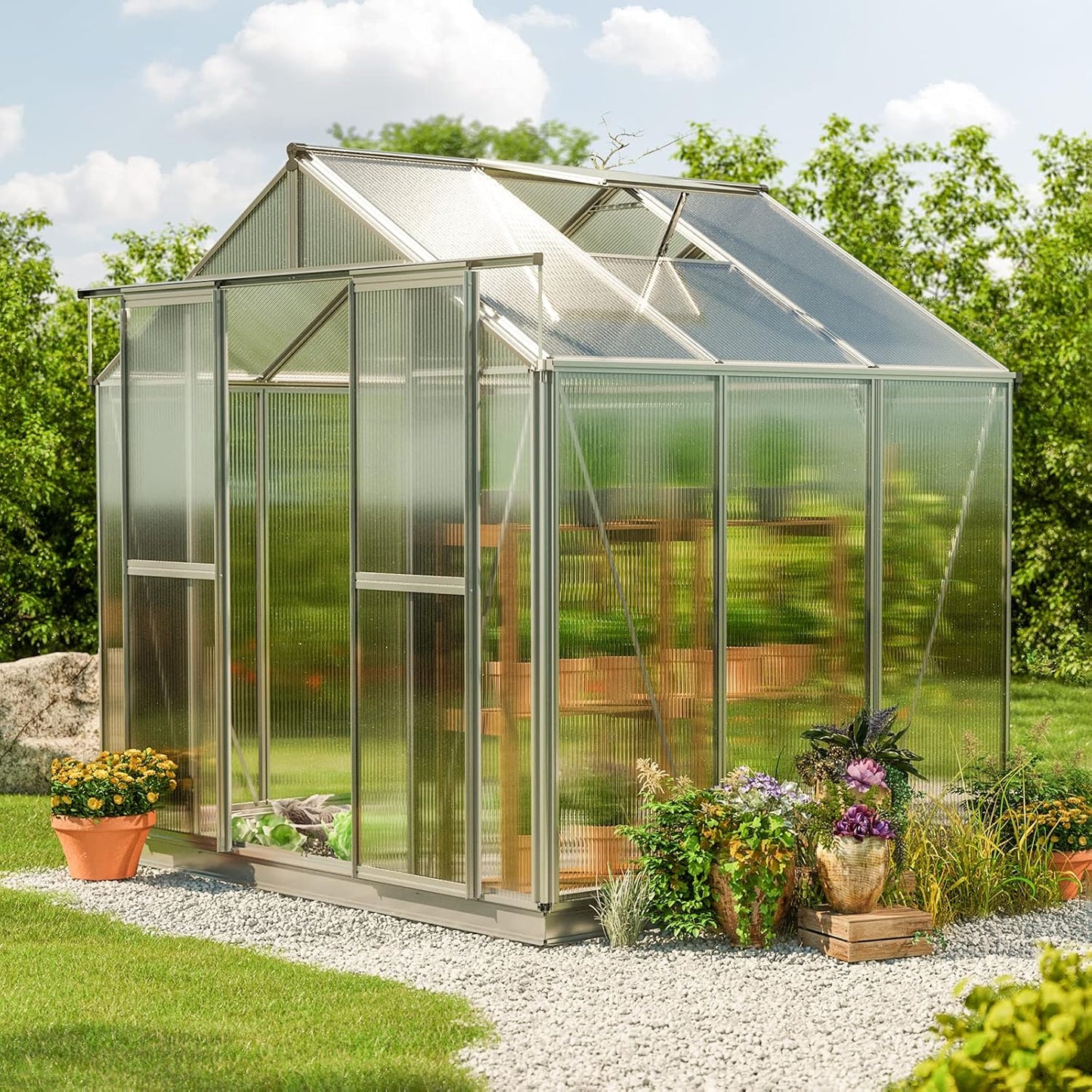 Greenhouse Saphir 3 Aluminum Frame 8.5 x 6.4 ft Approx. 6 mm Polycarbonate Panels - with Bonus Base Frame and Automatic Vent Opener