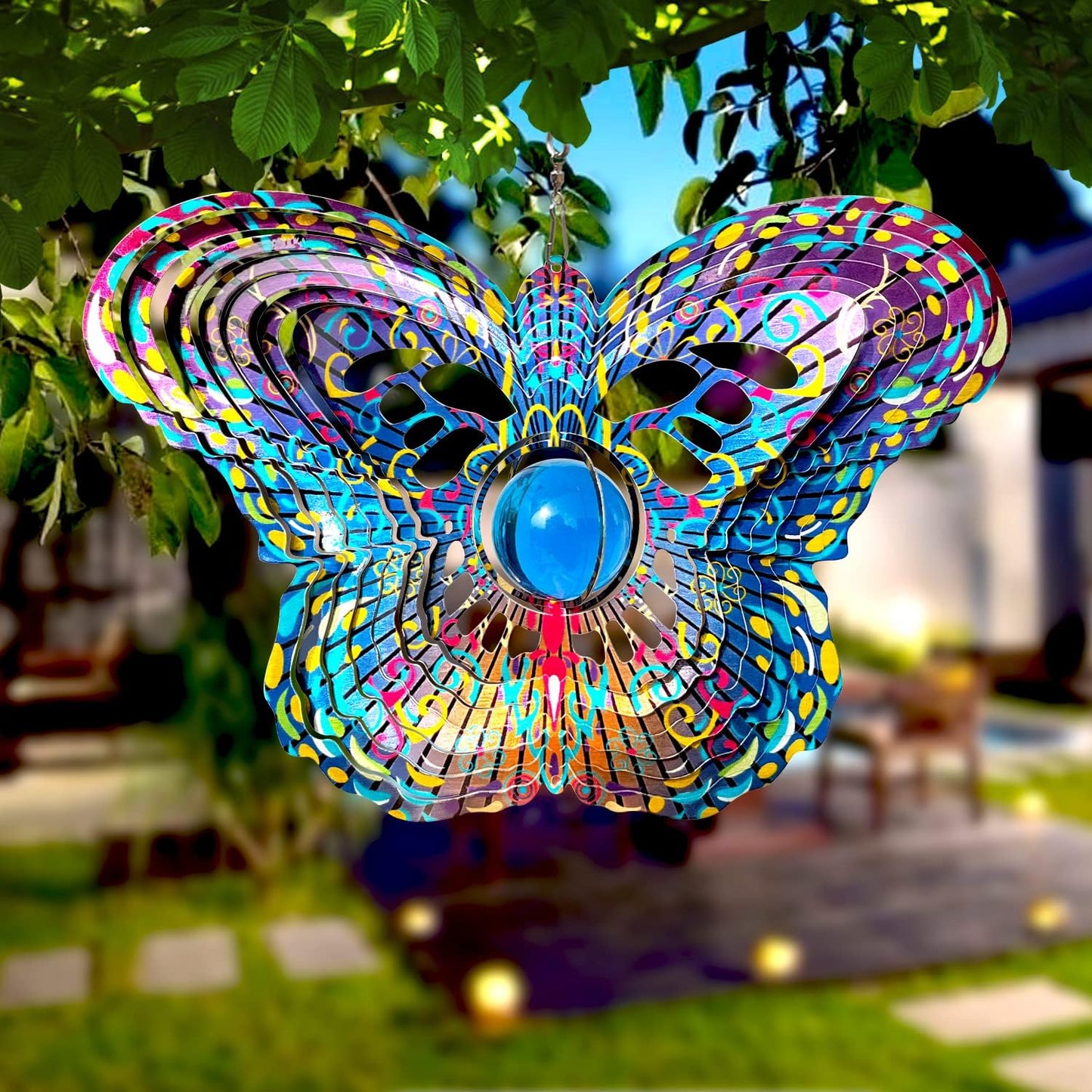 FONMY Mandala Wind Spinner w/Crystal Ball-Butterfly 3D Stainless Steel Hanging Spinners Worth Gift Christmas Decoration Indoor/Outdoor Garden Décor Kinetic Yard Art 12 Inches Wind Sculpture