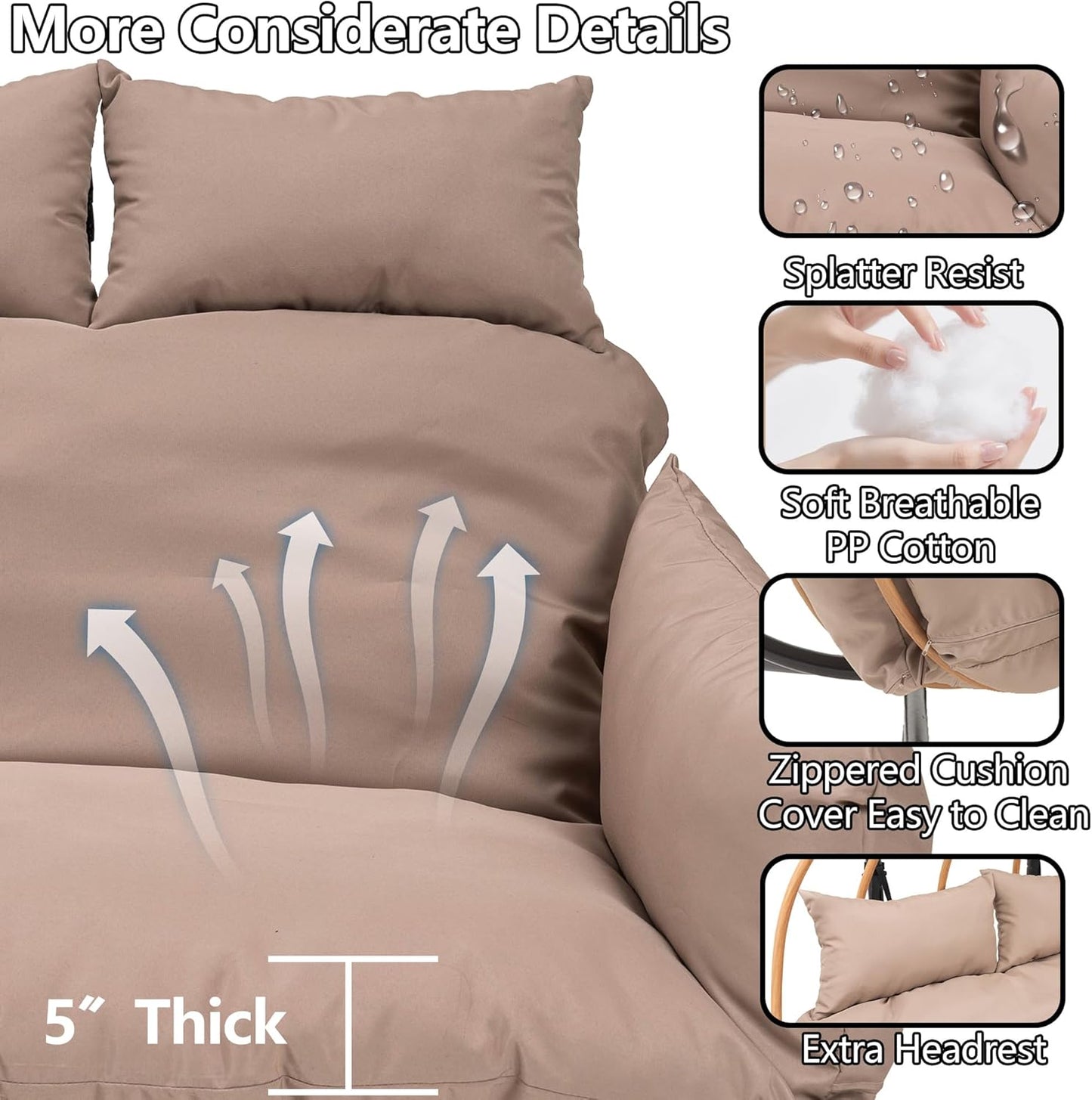 Double Egg Chair Outdoor, Egg Swing Chair with Stand, Hanging Egg Chair Outdoor with Cushions/Headrest, 80" H Hanging Chairs with Stand Indoor, Metal Basket Swing Egg Chairs for Deck, Khaki