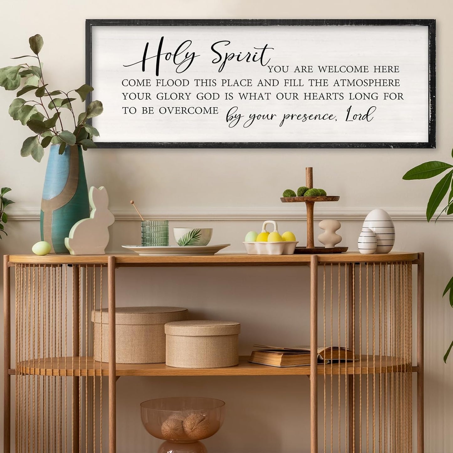 Holy Spirit You are Welcome Here Wall Decor Art 32x12 Inch Large Christian Song Bible Verse Plaque Wood Framed Sign Living Room Scripture Quote Religious For Office Wall Hanging (Black)