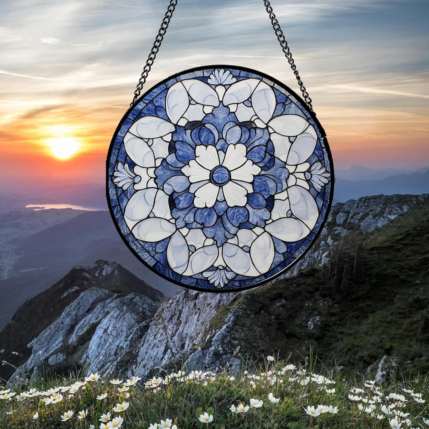 Stained Glass Window Hanging - Blue White Floral Pattern Suncatcher for Doors Garden Retro Sun Catchers Decor Christmas Mother's Day Birthday Gifts for Women Men Mom Nana Friend Girl 6.3 in