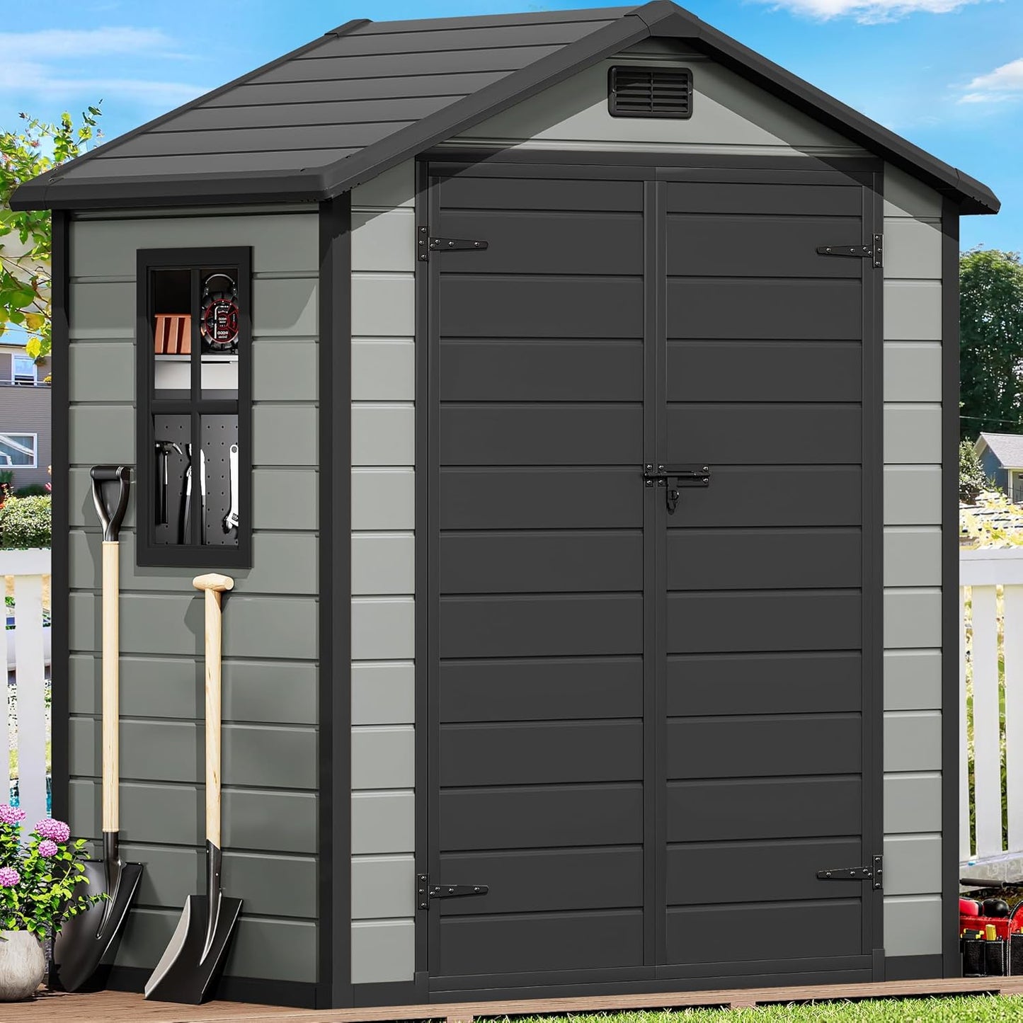 DWVO 6x4 FT Outdoor Resin Storage Shed with Floor, Waterproof Storage Shed with Lockable Door, Window and Vent, Plastic Tool Storage for Garden, Backyard, Patio, Lawn(Blue-Gray+Black)