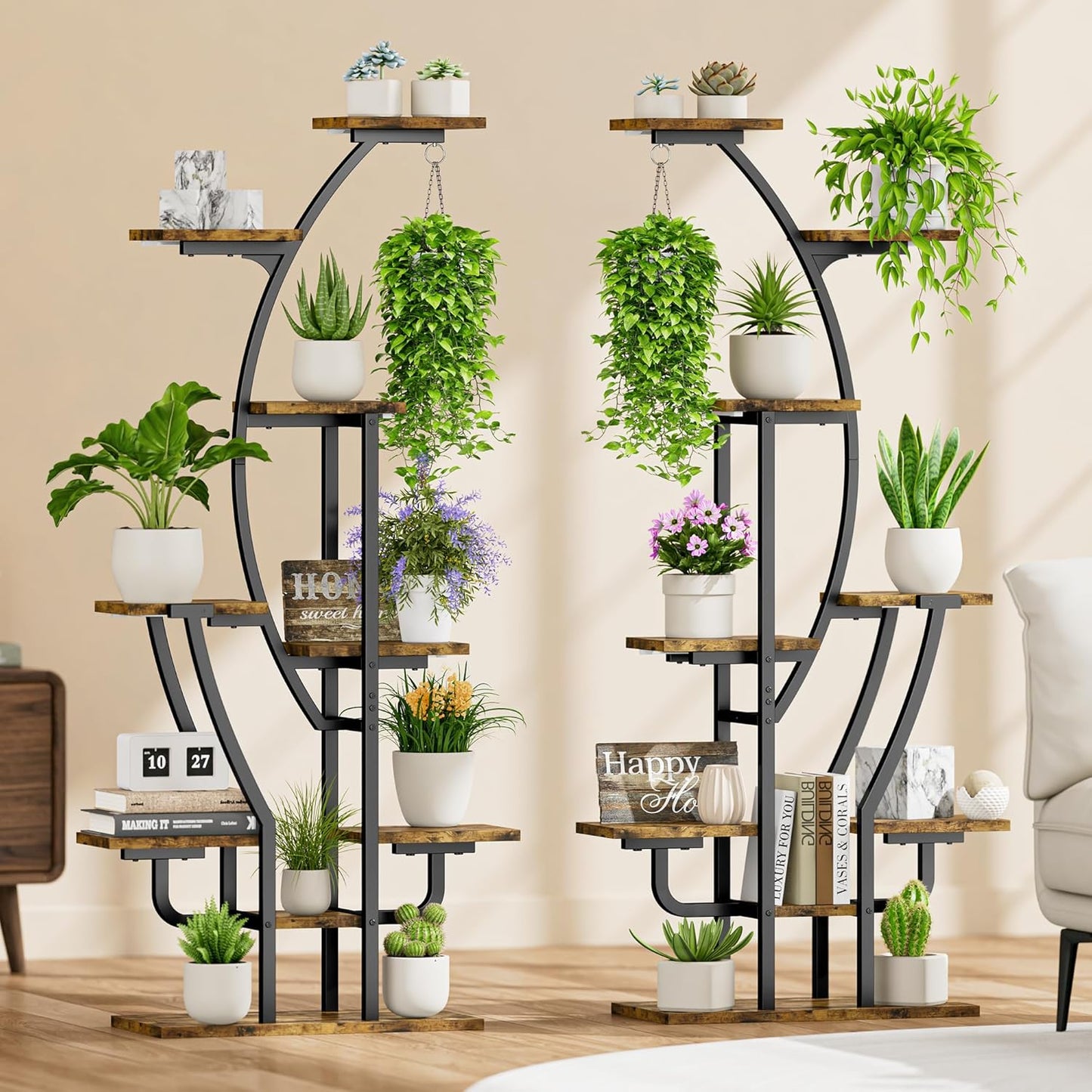 IRONCK Plant Stand Indoor with Grow Lights, 9 Tiered Indoor Plant Shelf, 62" Corner Plant Stands for Indoor Plants, Metal Plant Flower Display Shelves, Moon-Shaped Plant Rack for Home, Patio, Black
