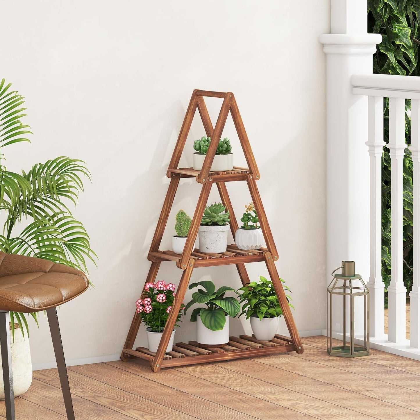 Wooden Plant Stand Indoor Outdoor,Christmas Tree Plant Shelf Indoor,3 Tier Tall Flower Stand for Multiple Plants,Corner Plant Holder for Living Room Bedroom Office Garden Patio Decor