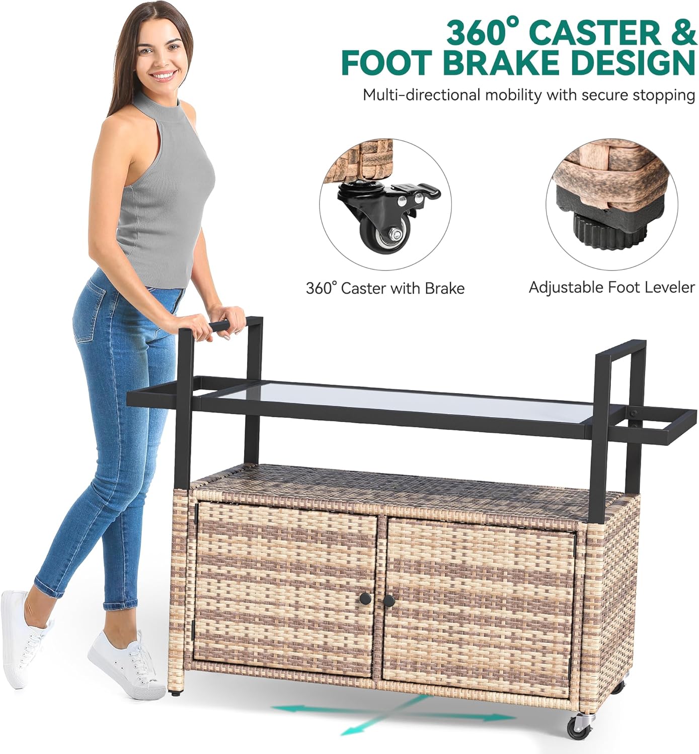 YITAHOME Large Outdoor Kitchen Wicker Island Rolling Cart & Patio Bar Table, w/Wheels and Black Glass Table Top Backyard and Poolside Light Brown