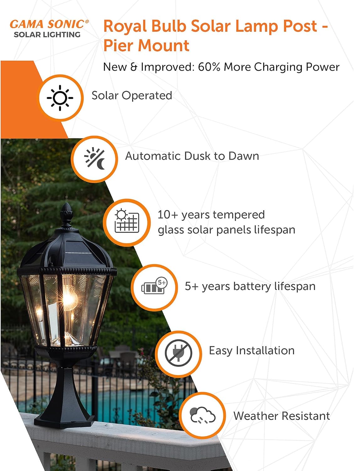 Gama Sonic Outdoor Solar Post Light with Pier Base, Black Aluminum and Beveled Glass, Royal Bulb 150 Lumens Warm White LED, Mount on Column, Pillar, or Flat Exterior Surface (98B011) (Upgraded)