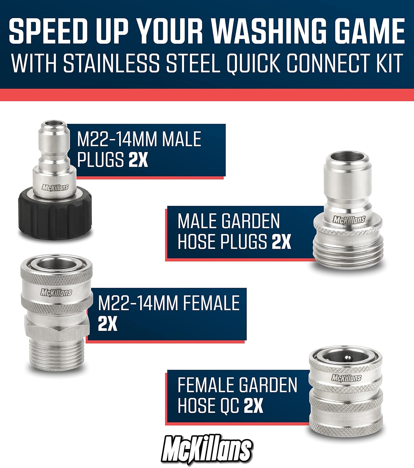 McKillans® M22-14mm Pressure Washer Quick Connect Kit, M22-14mm to 3/8" Male Female Quick Disconnect Kit for Power Washer (Stainless Steel)