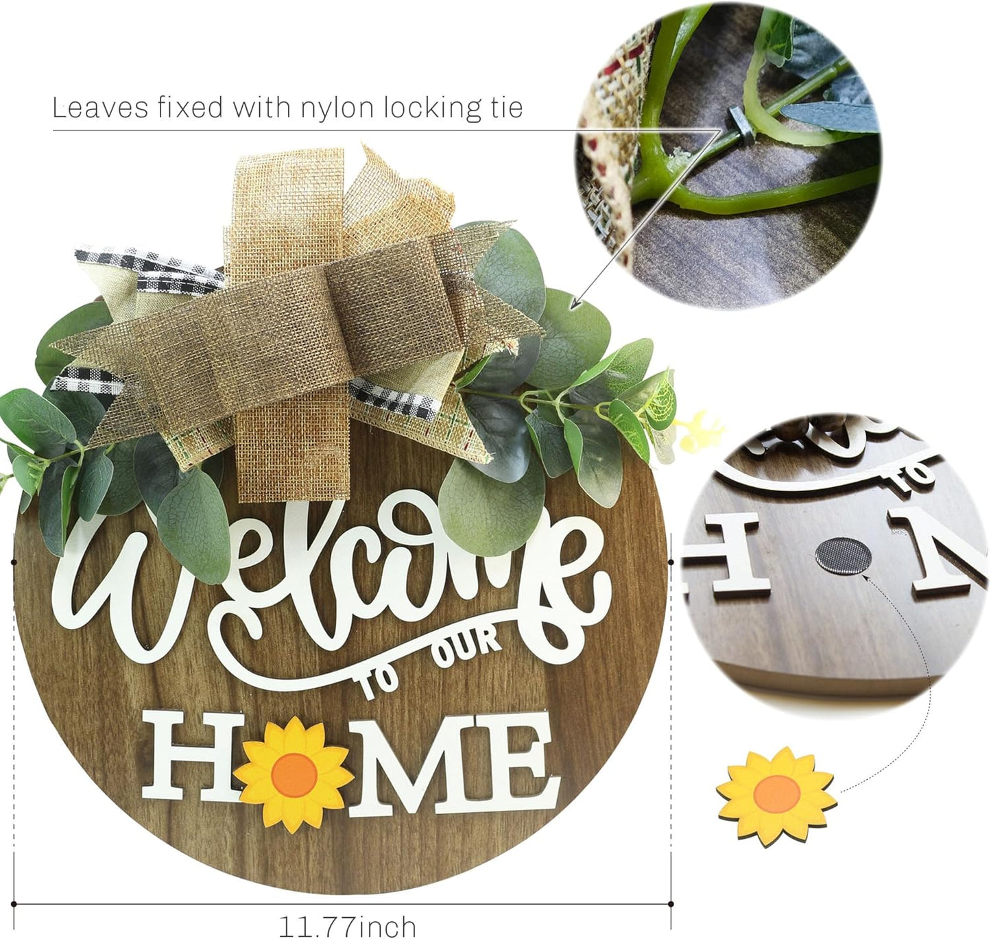 interchangeable 3D Welcome Sign for Front Door |Home/Farmhouse Porch Décor Wooden Hanging Sign with Artificial Leaves and Rustic Beads | Christmas Classroom |12" Round