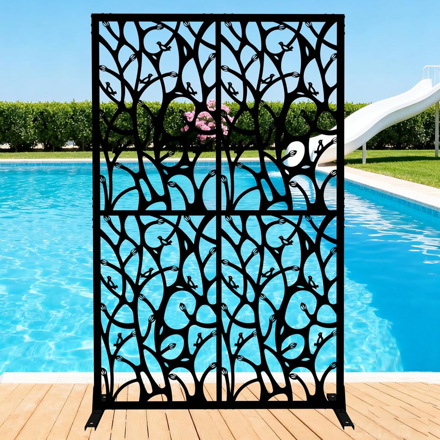 Metal Privacy Screen Outdoor W3.8Ft x H 6Ft Patio Privacy Panels Free Standing Divider Decorative for Balcony Garden Room Lawn Deck (1, Black Bird)