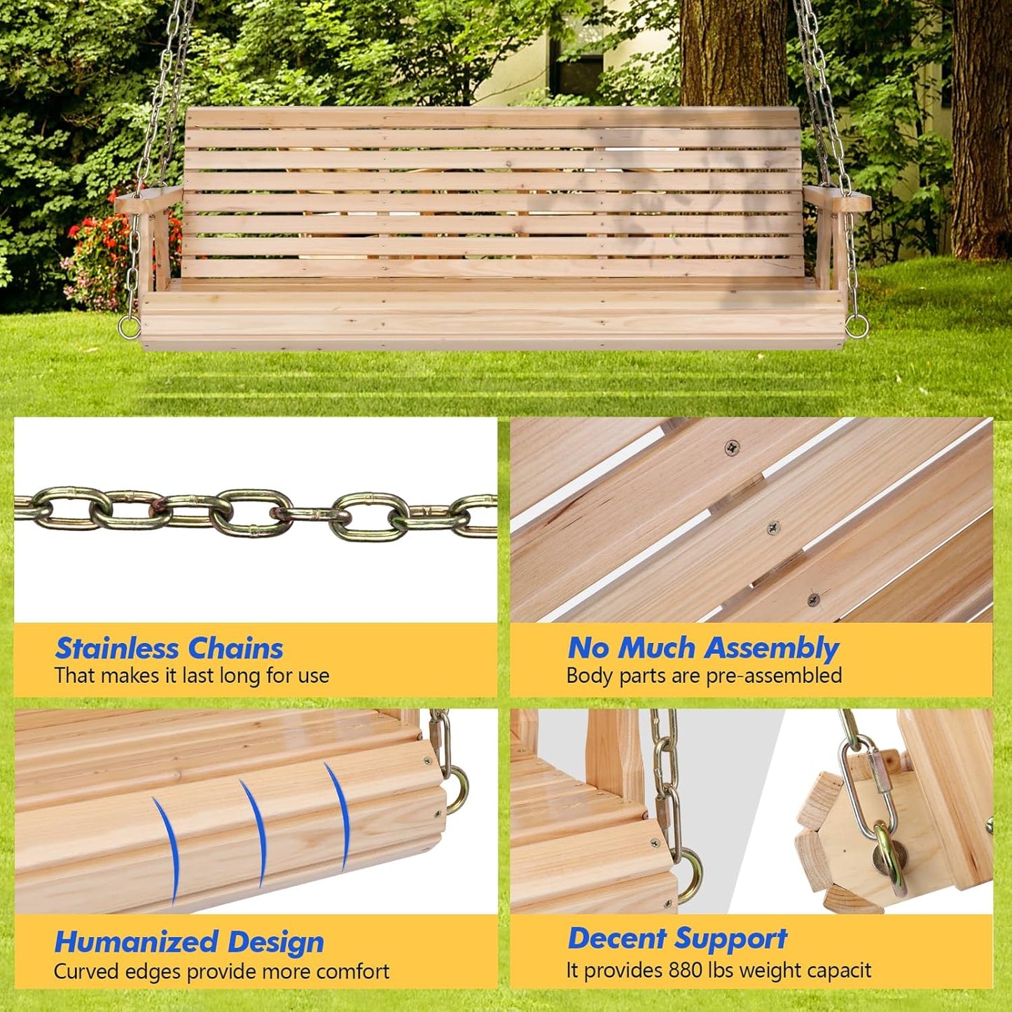 VINGLI Upgraded Patio Wooden Porch Swing for Courtyard & Garden, Heavy Duty 880 LBS Swing Chair Bench with Hanging Chains for Outdoors (Natural, 5 FT)