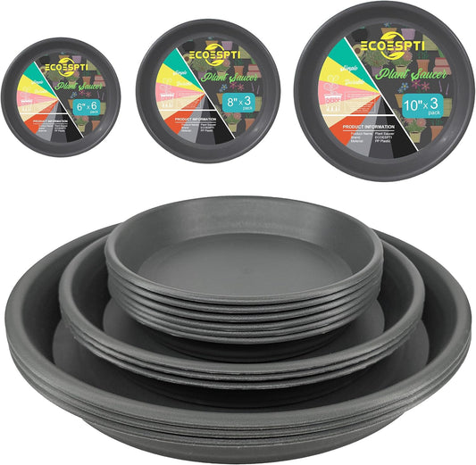 12Pcs Colourful Plant Saucer, 6 8 10 Inch Durable Plastic Plant Tray, Round Plant Pot Saucers, Drip Tray for Indoor and Outdoor Garden, Dark Gray