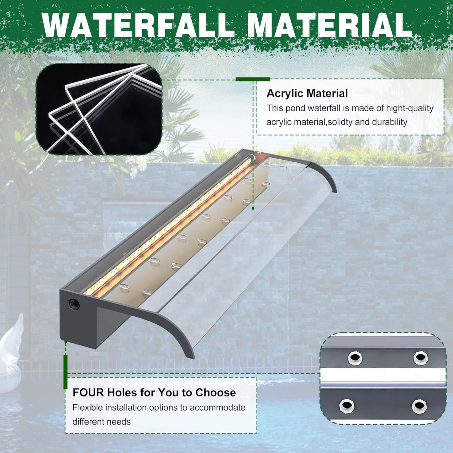 Pool Fountain, LONGRUN Waterfall Spillway for Koi Ponds - 35.4" Transparent Acrylic Waterfall for Swimming Pool, Garden Pond, Patios, Spa Decoration