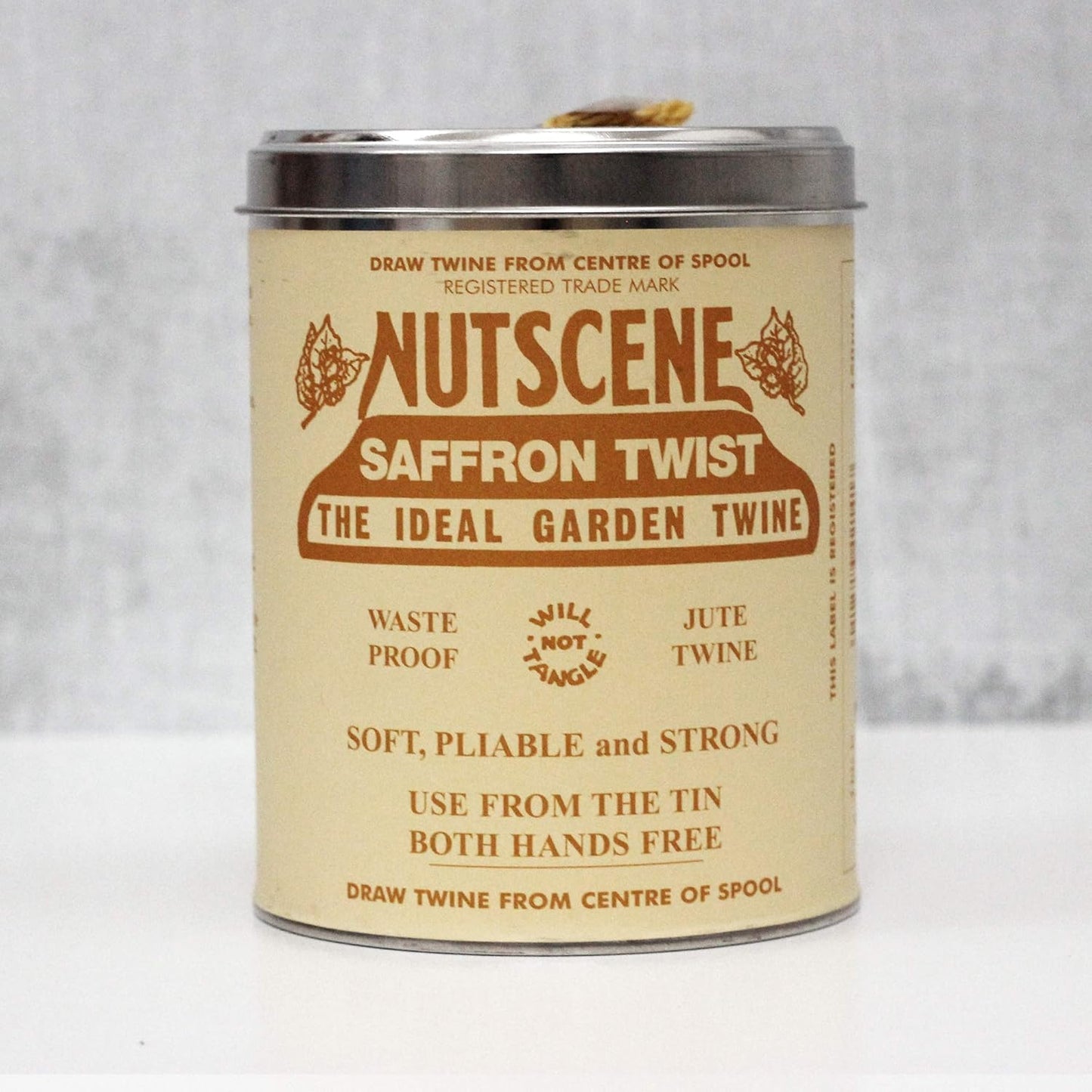 NUTSCENE Iconic Tin (Tin ‘O’ Twine) with Their Heritage Scottish Jute Twine and Hole in Top for Easy Dispensing. 14 Colors to Choose from. 164 Yards. (Saffron)